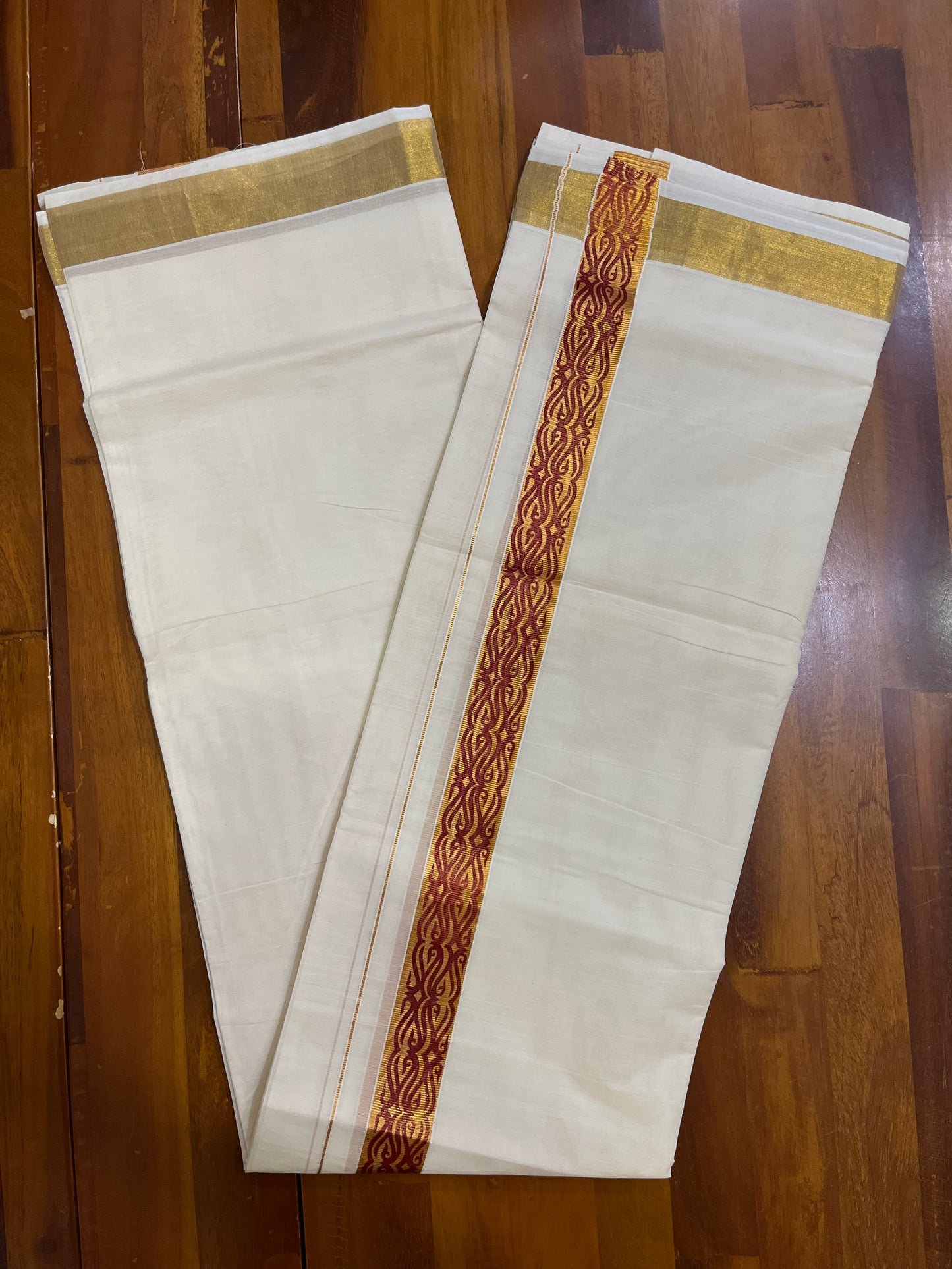 Southloom Kasavu Double Mundu with Maroon Tribal / Retro Design Print on Kasavu Kara