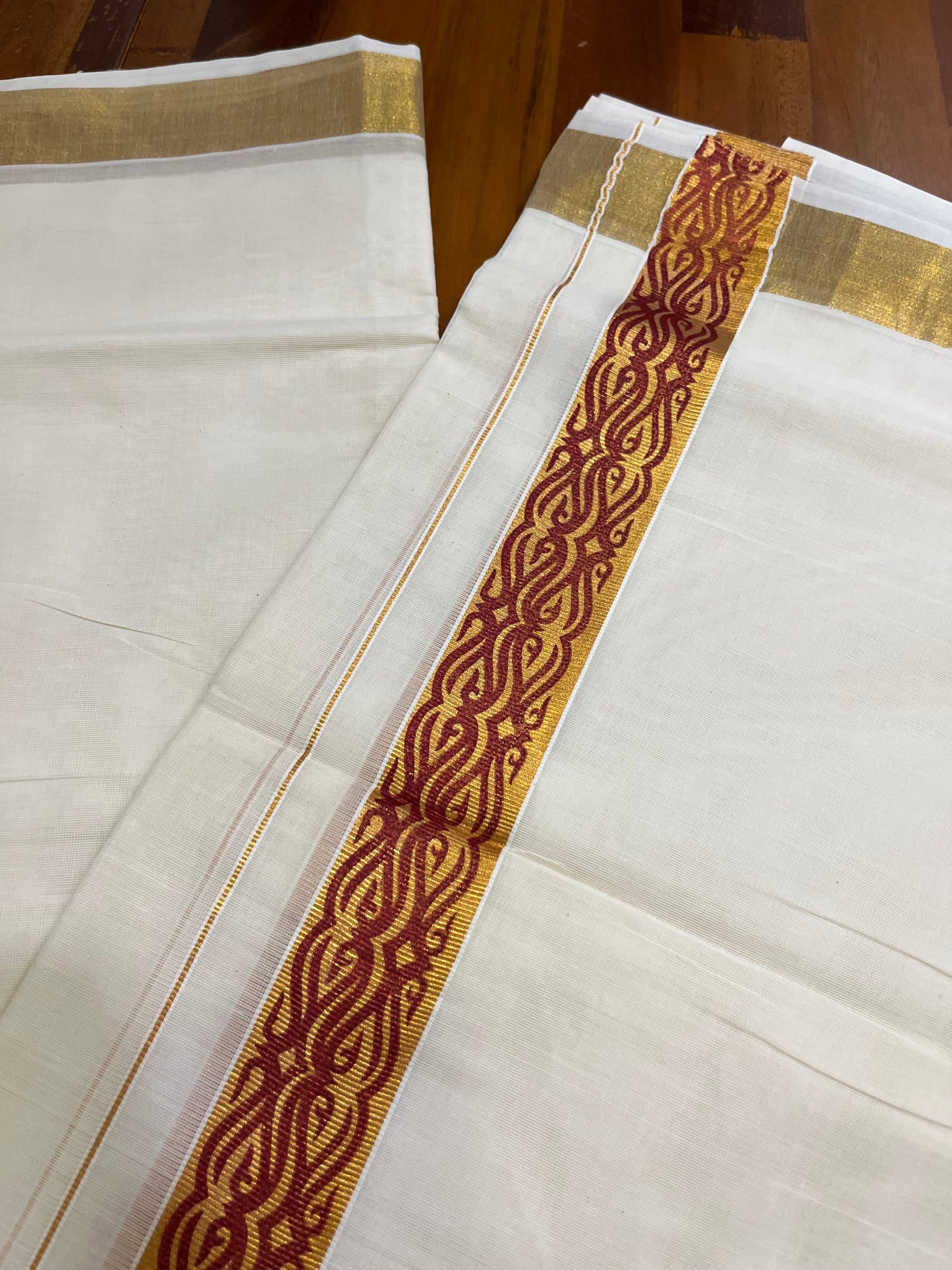 Southloom Kasavu Double Mundu with Maroon Tribal / Retro Design Print on Kasavu Kara