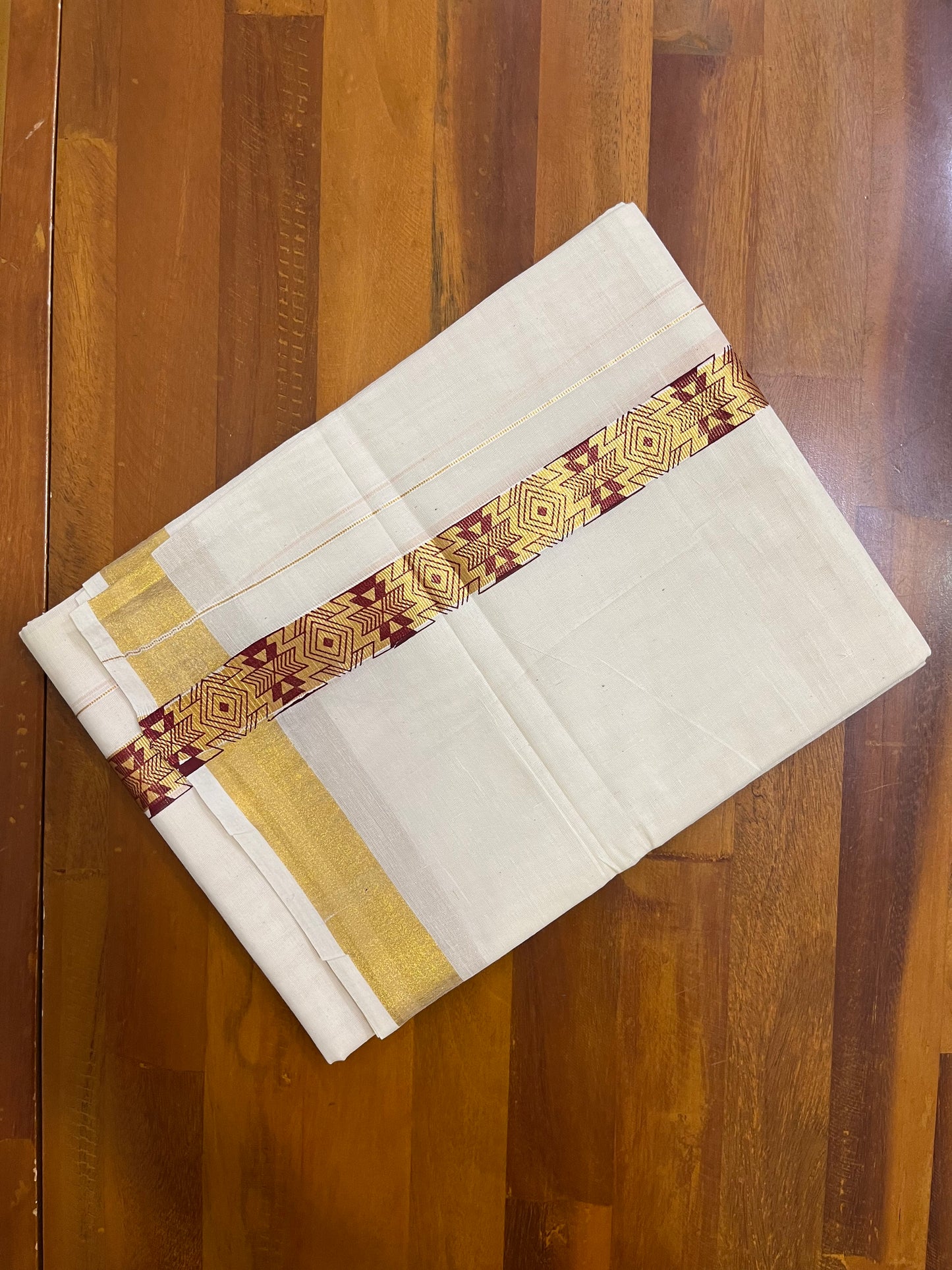 Southloom Kasavu Double Mundu with Maroon Tribal / Retro Design Print on Kasavu Kara