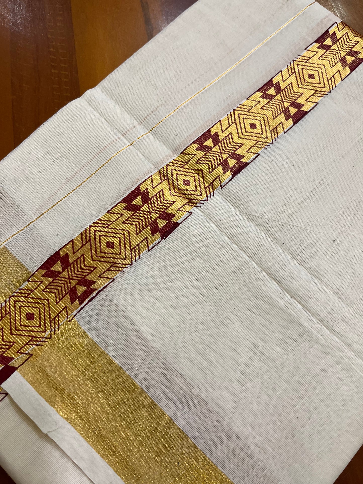 Southloom Kasavu Double Mundu with Maroon Tribal / Retro Design Print on Kasavu Kara