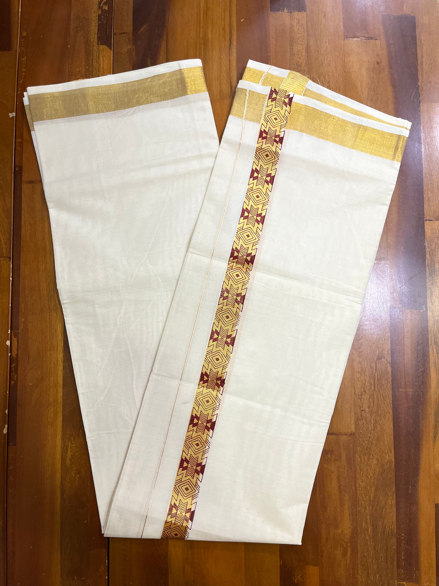 Southloom Kasavu Double Mundu with Maroon Tribal / Retro Design Print on Kasavu Kara