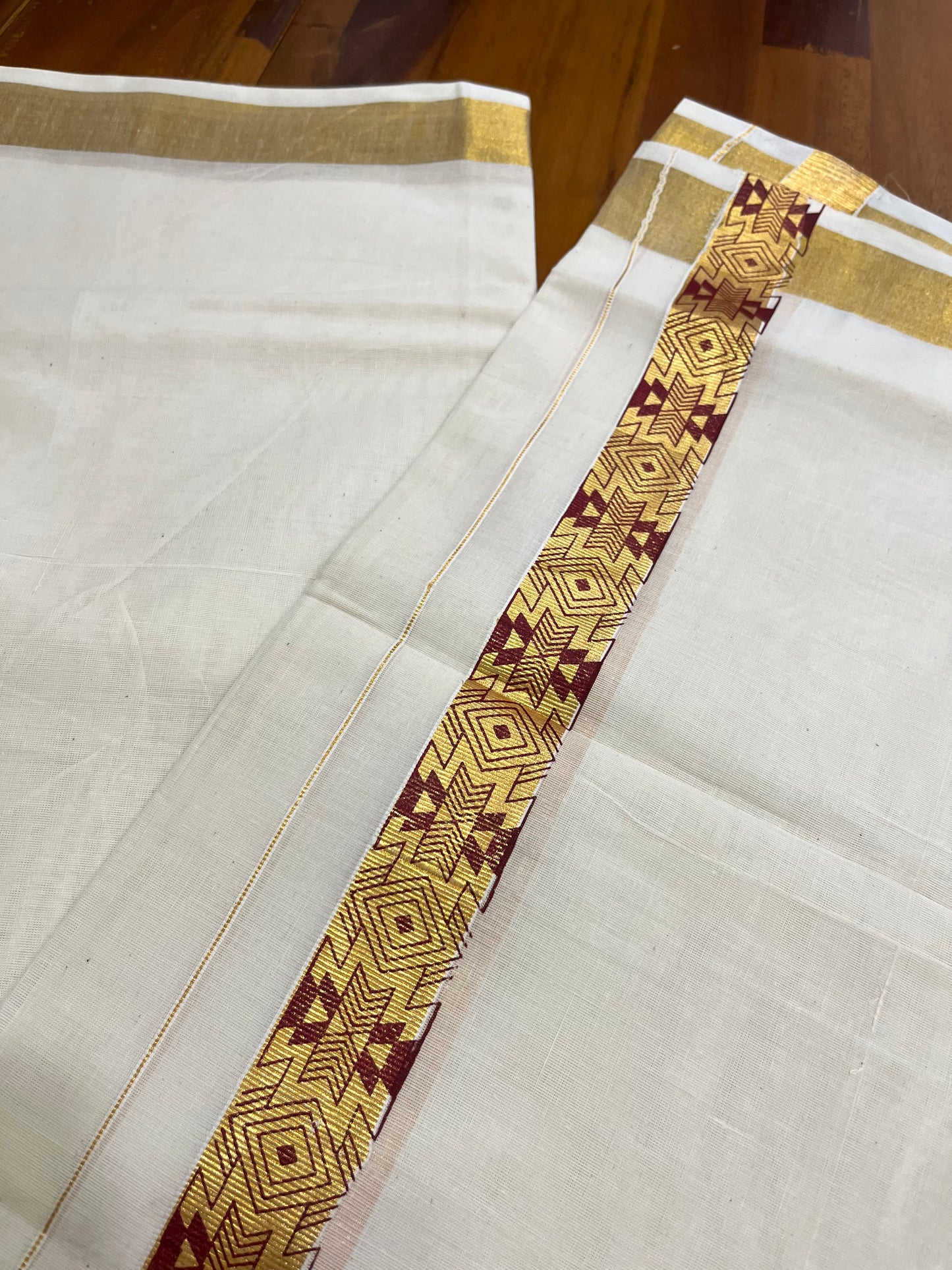 Southloom Kasavu Double Mundu with Maroon Tribal / Retro Design Print on Kasavu Kara