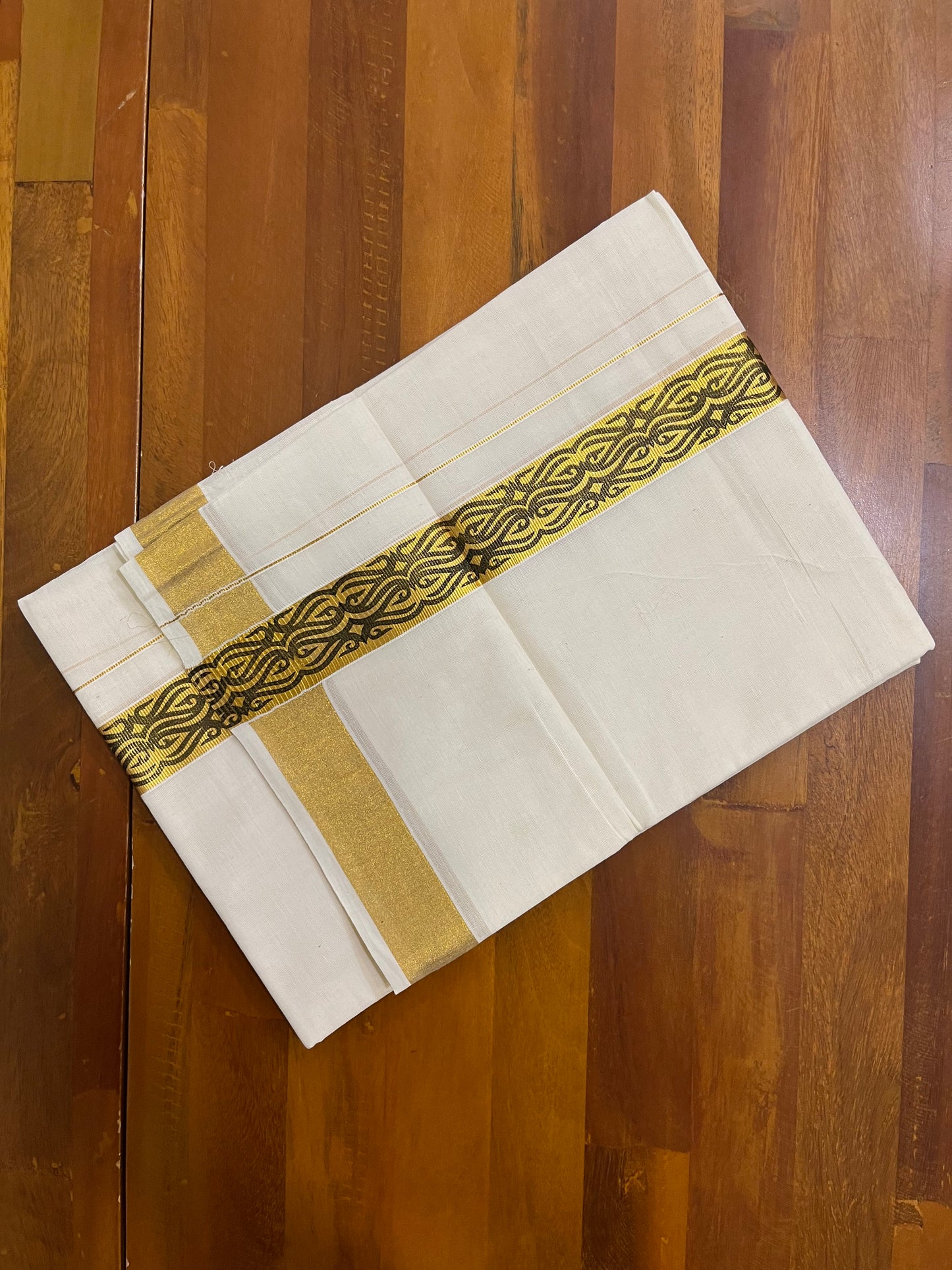 Southloom Kasavu Double Mundu with Black Tribal / Retro Design Print on Kasavu Kara