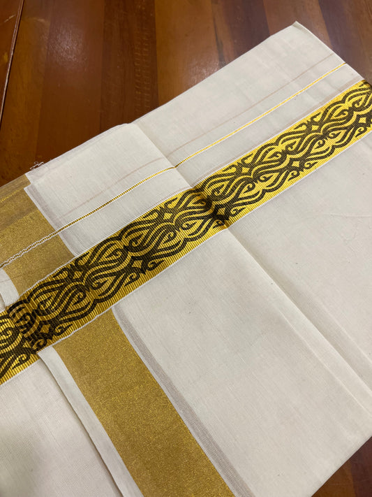 Southloom Kasavu Double Mundu with Black Tribal / Retro Design Print on Kasavu Kara