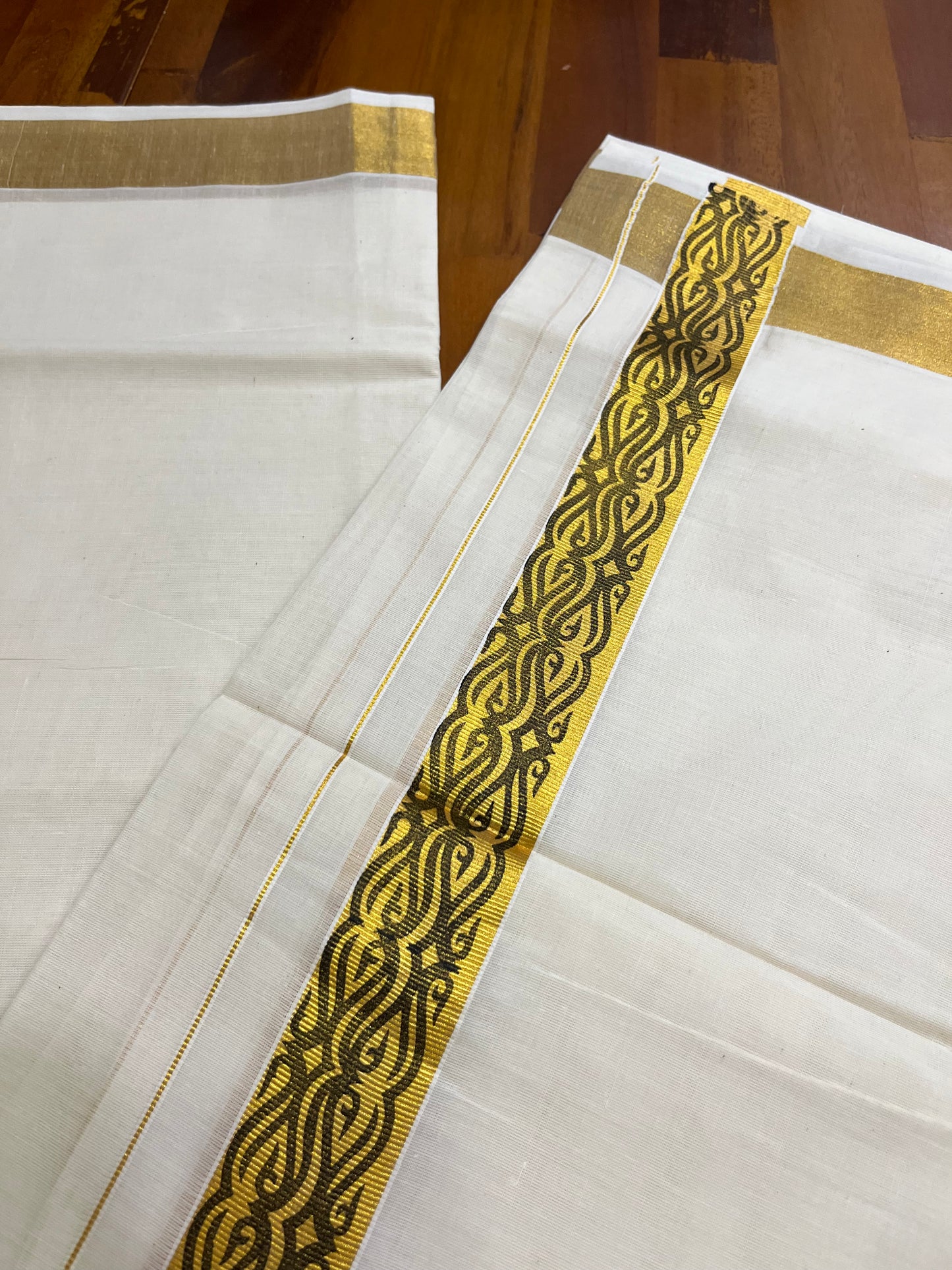 Southloom Kasavu Double Mundu with Black Tribal / Retro Design Print on Kasavu Kara