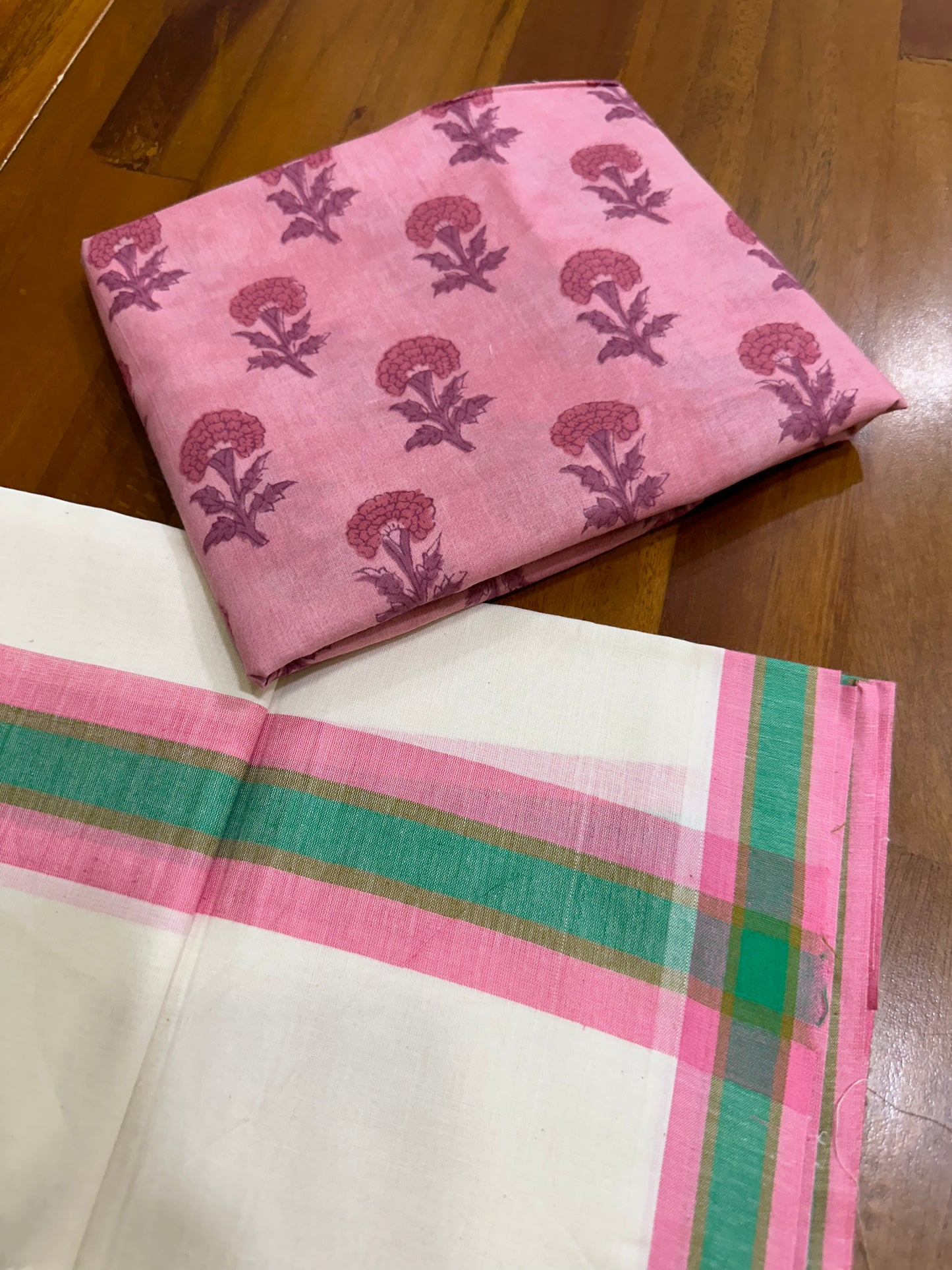 Southloom Mulloth Soft Cotton Set Mundu with Jaipur Printed Blouse Piece (2.60 M Neriyathu / Blouse 1 Meter)