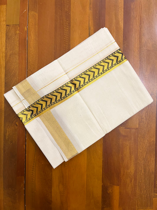 Southloom Kasavu Double Mundu with Black Tribal / Retro Design Print on Kasavu Kara