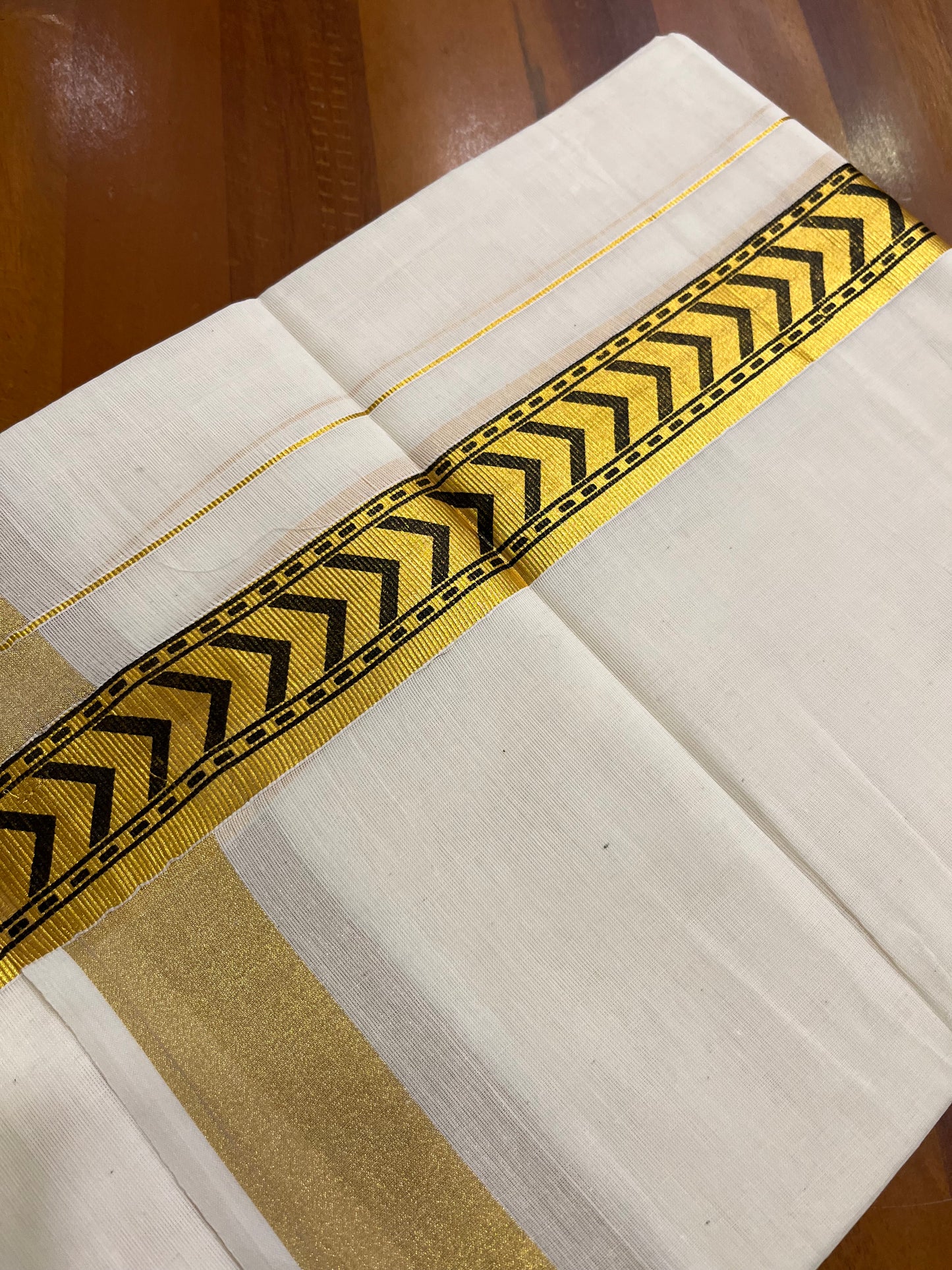 Southloom Kasavu Double Mundu with Black Tribal / Retro Design Print on Kasavu Kara