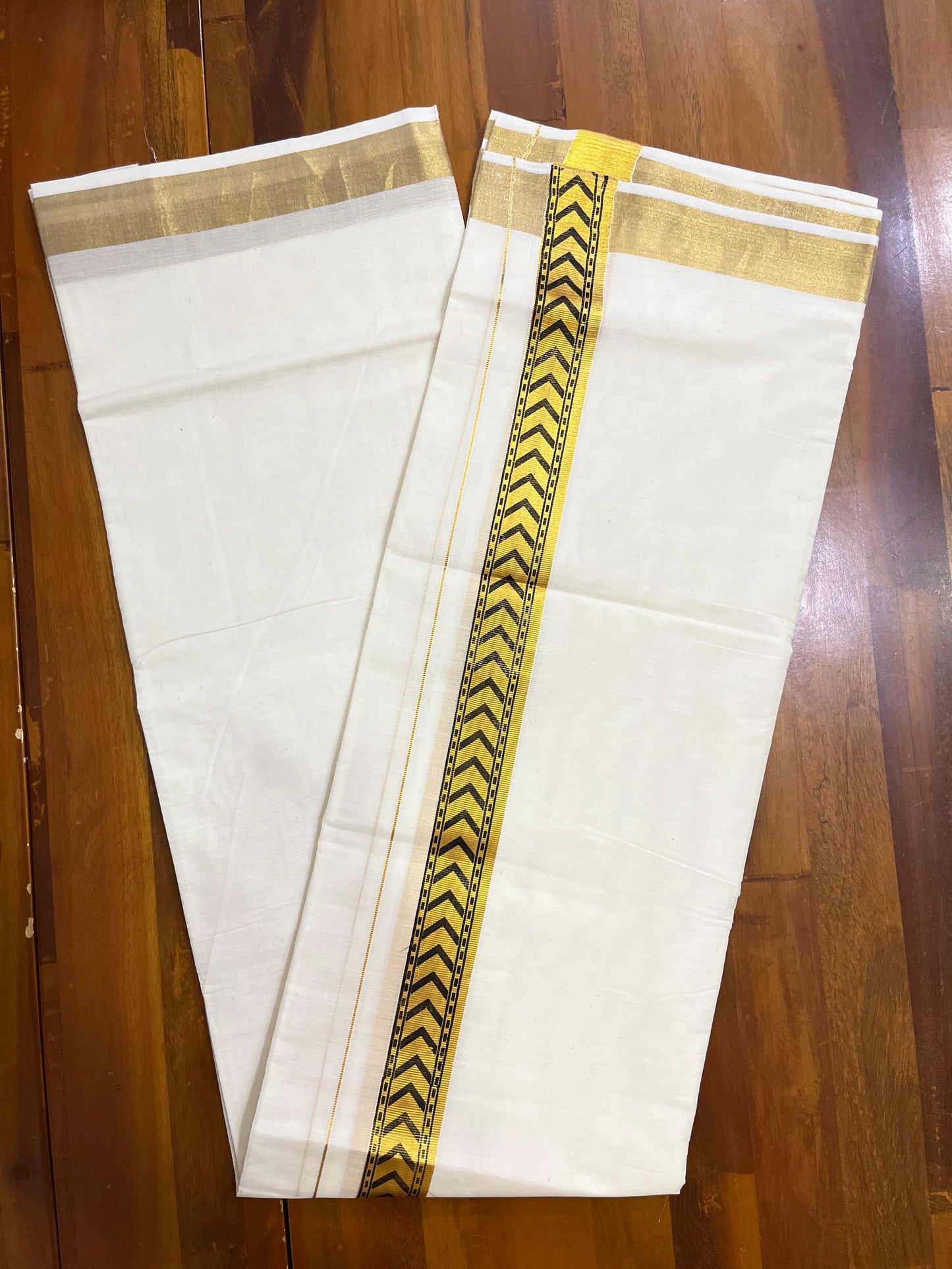 Southloom Kasavu Double Mundu with Black Tribal / Retro Design Print on Kasavu Kara