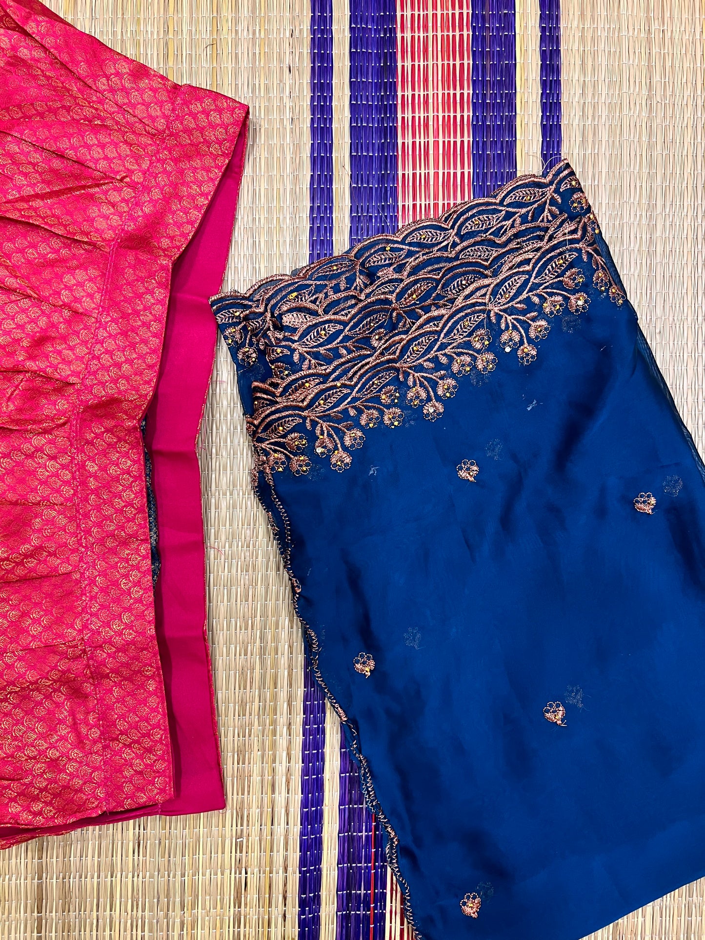 Semi Stitched Premium Semi Silk Dark Pink Dhavani Set with Teal Blue Designer Neriyathu and Blouse Piece