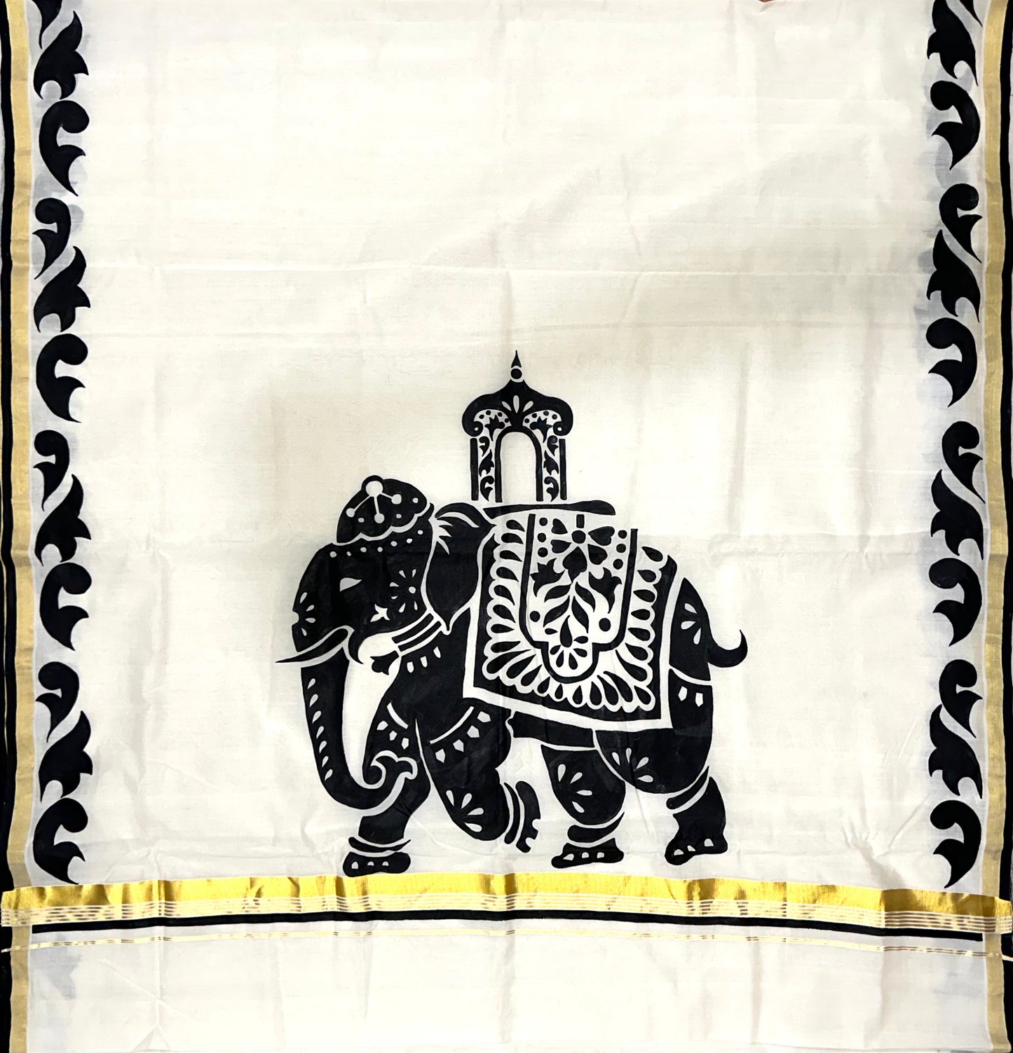 Southloom Premium Balaramapuram Handloom Kasavu Saree with Hand Painted Rajasthani Elephant Art