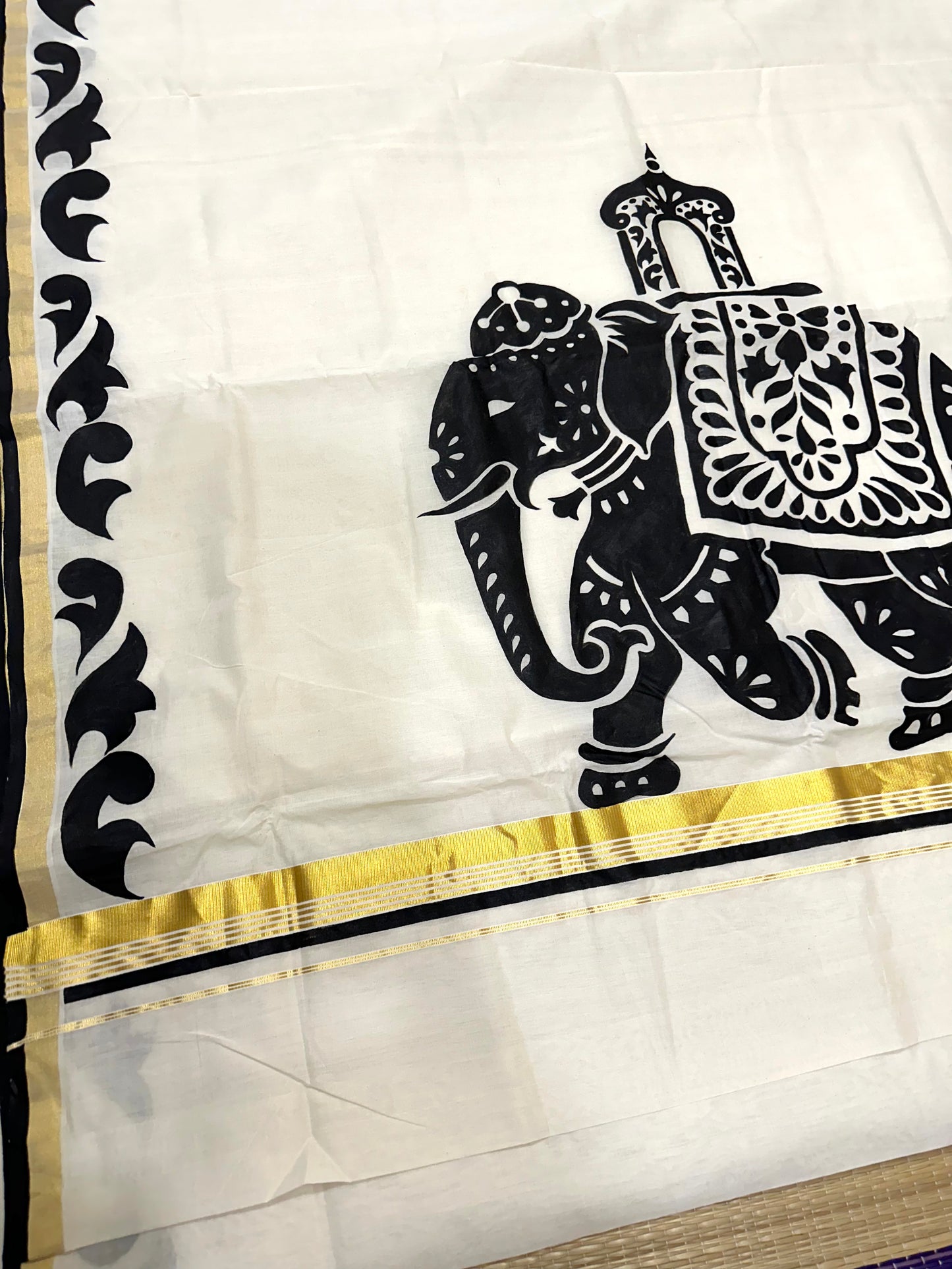 Southloom Premium Balaramapuram Handloom Kasavu Saree with Hand Painted Rajasthani Elephant Art