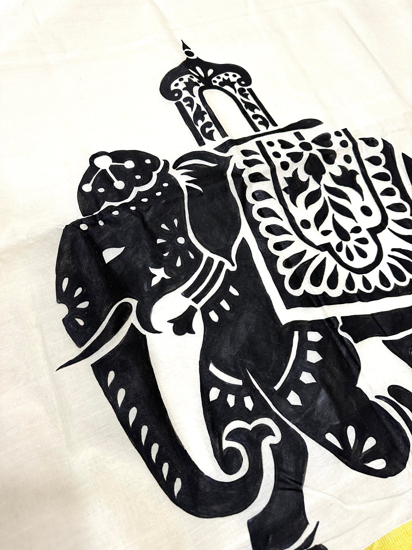 Southloom Premium Balaramapuram Handloom Kasavu Saree with Hand Painted Rajasthani Elephant Art