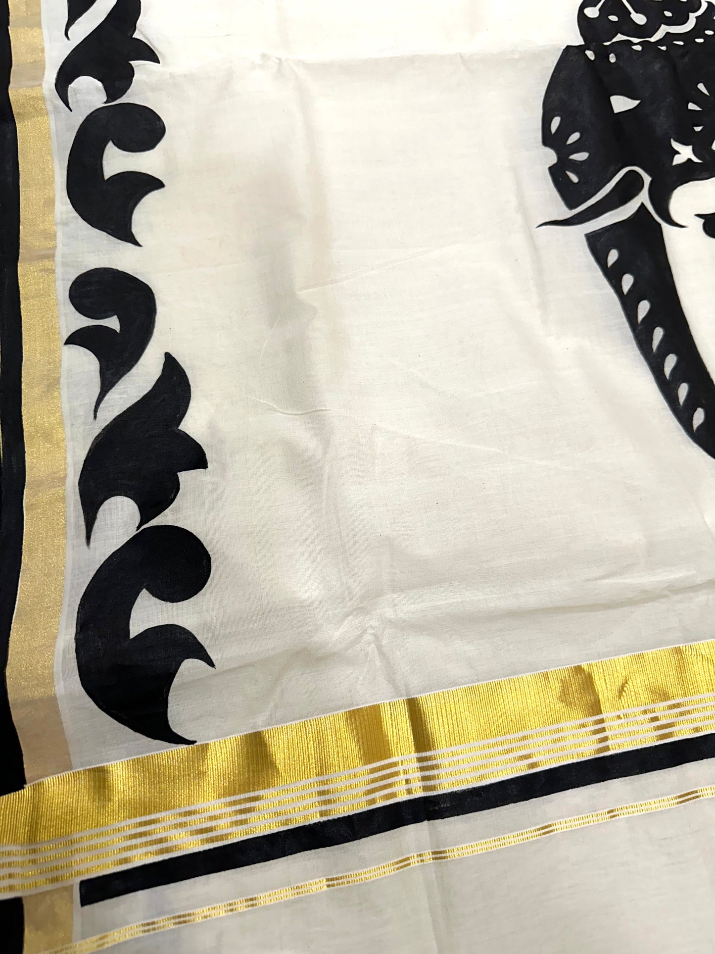 Southloom Premium Balaramapuram Handloom Kasavu Saree with Hand Painted Rajasthani Elephant Art