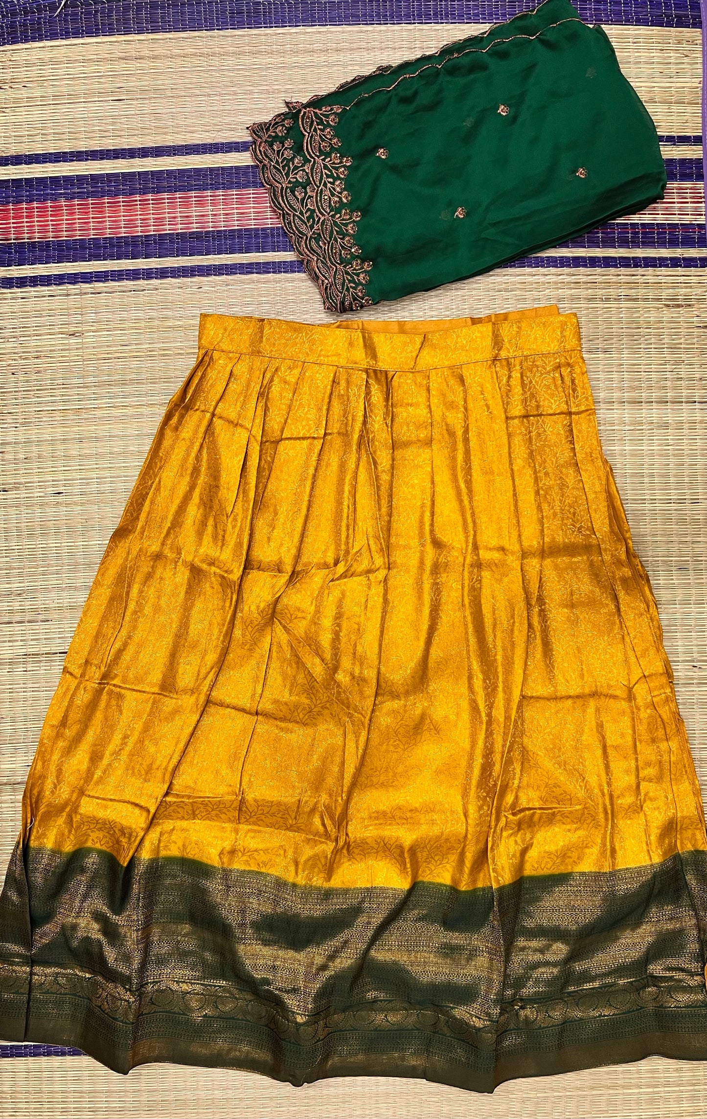 Semi Stitched Premium Semi Silk Yellow Dhavani Set with Green Designer Neriyathu and Blouse Piece