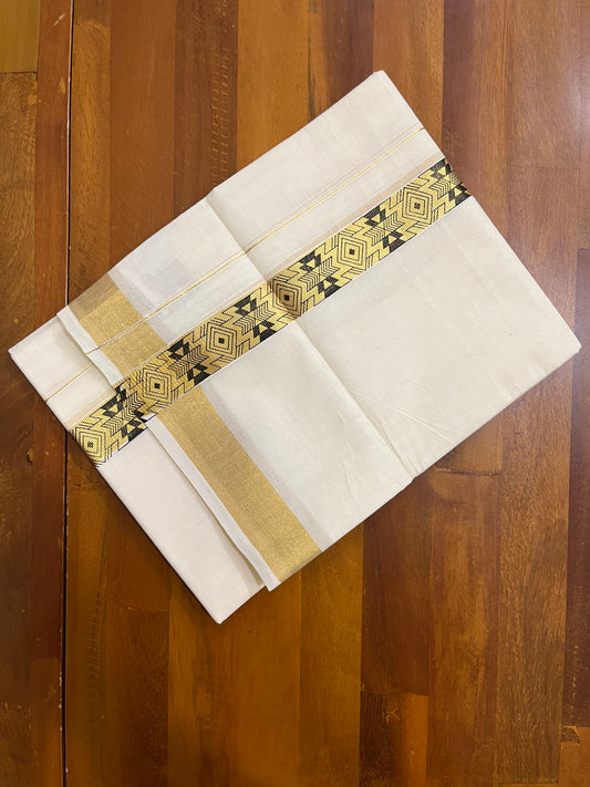 Southloom Kasavu Double Mundu with Black Tribal / Retro Design Print on Kasavu Kara