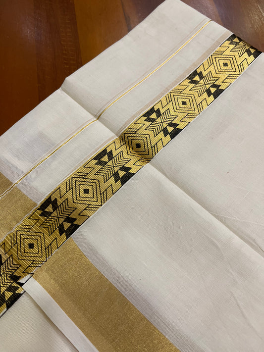 Southloom Kasavu Double Mundu with Black Tribal / Retro Design Print on Kasavu Kara