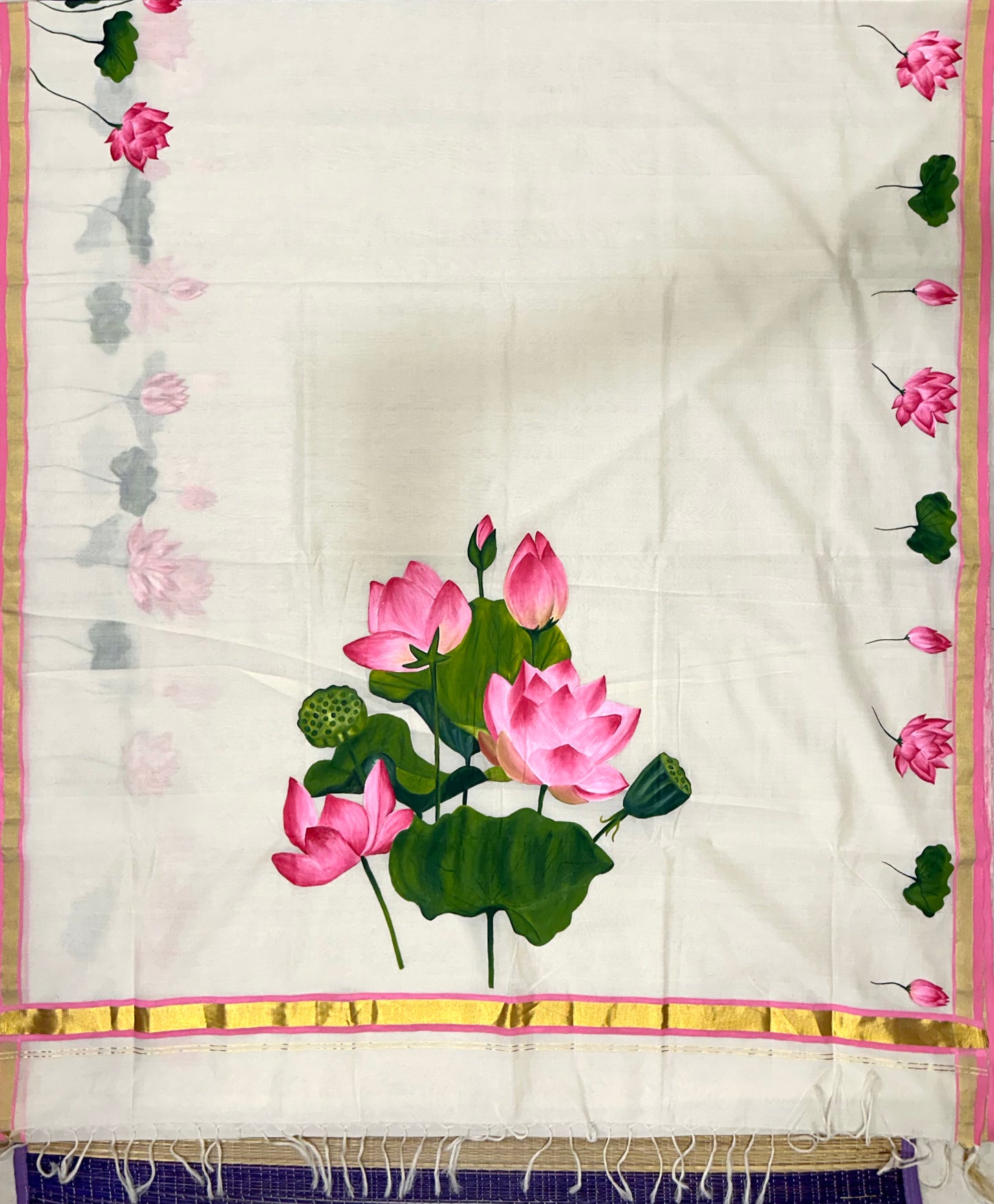 Southloom™ Premium Handloom Kerala Kasavu Saree With Hand Painted Pink Lotus Design (Vishu 2024 Collection)