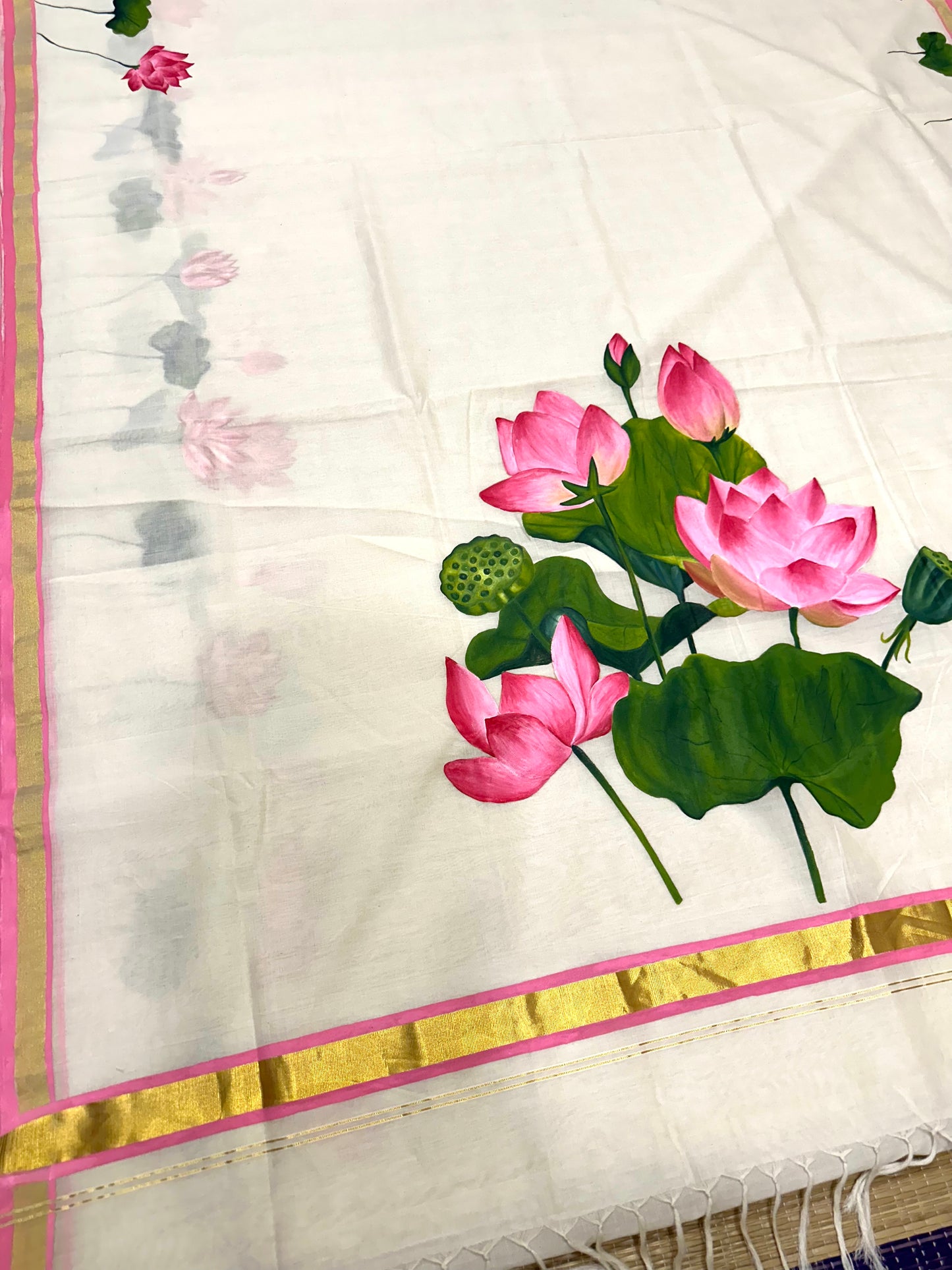 Southloom™ Premium Handloom Kerala Kasavu Saree With Hand Painted Pink Lotus Design (Vishu 2024 Collection)