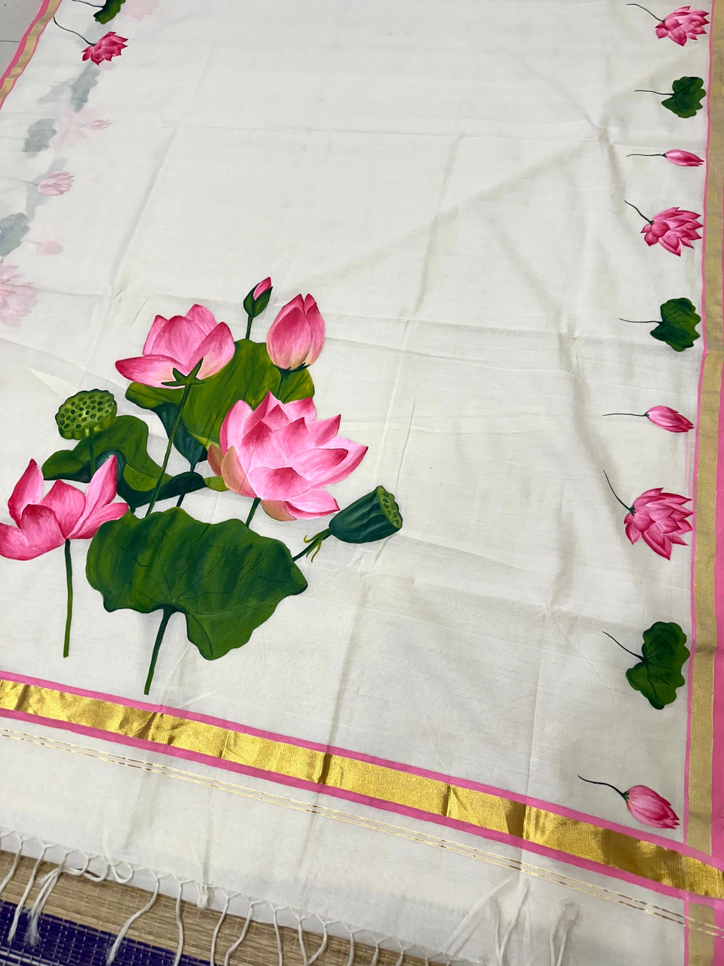 Southloom™ Premium Handloom Kerala Kasavu Saree With Hand Painted Pink Lotus Design (Vishu 2024 Collection)