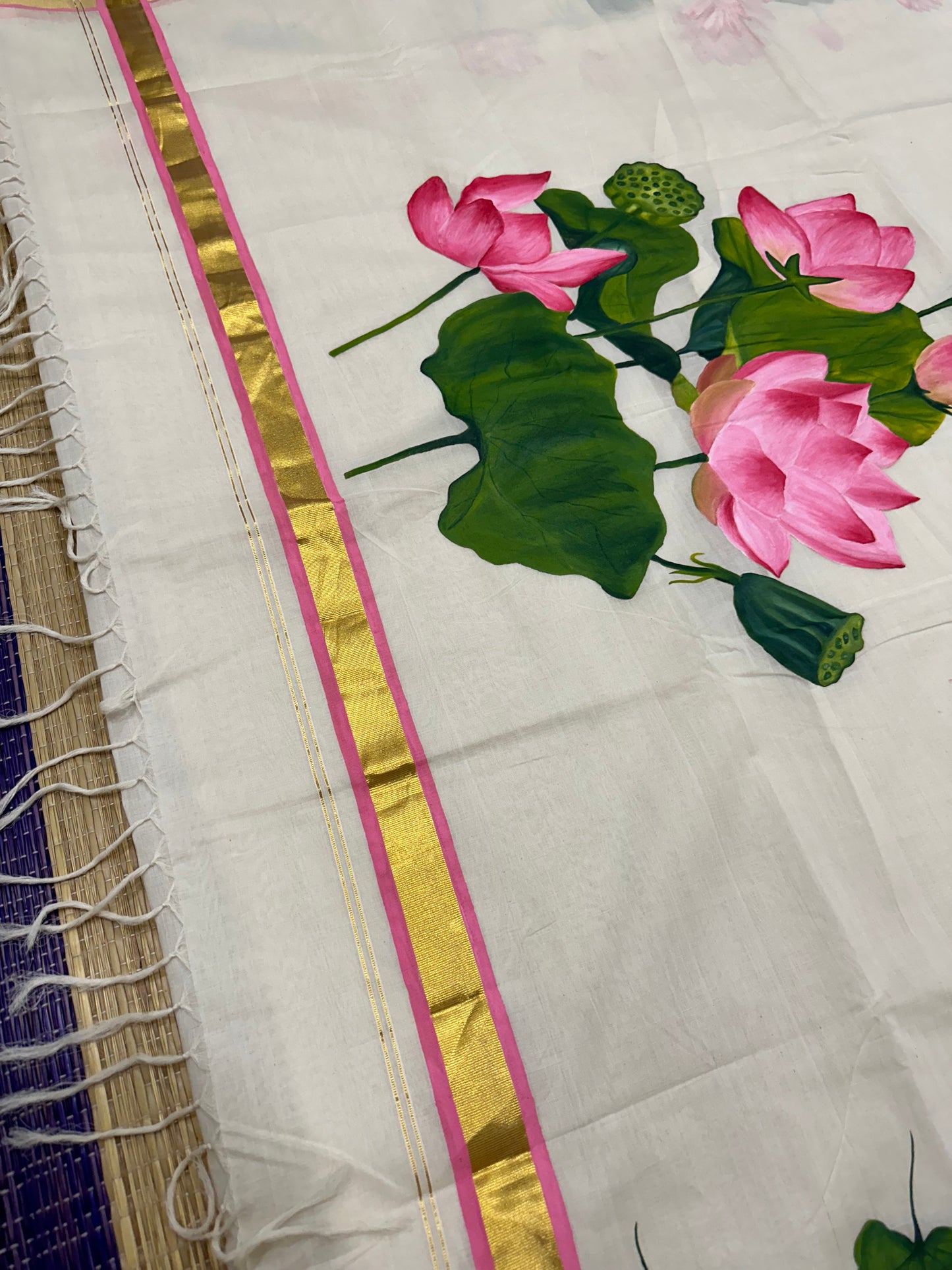 Southloom™ Premium Handloom Kerala Kasavu Saree With Hand Painted Pink Lotus Design (Vishu 2024 Collection)