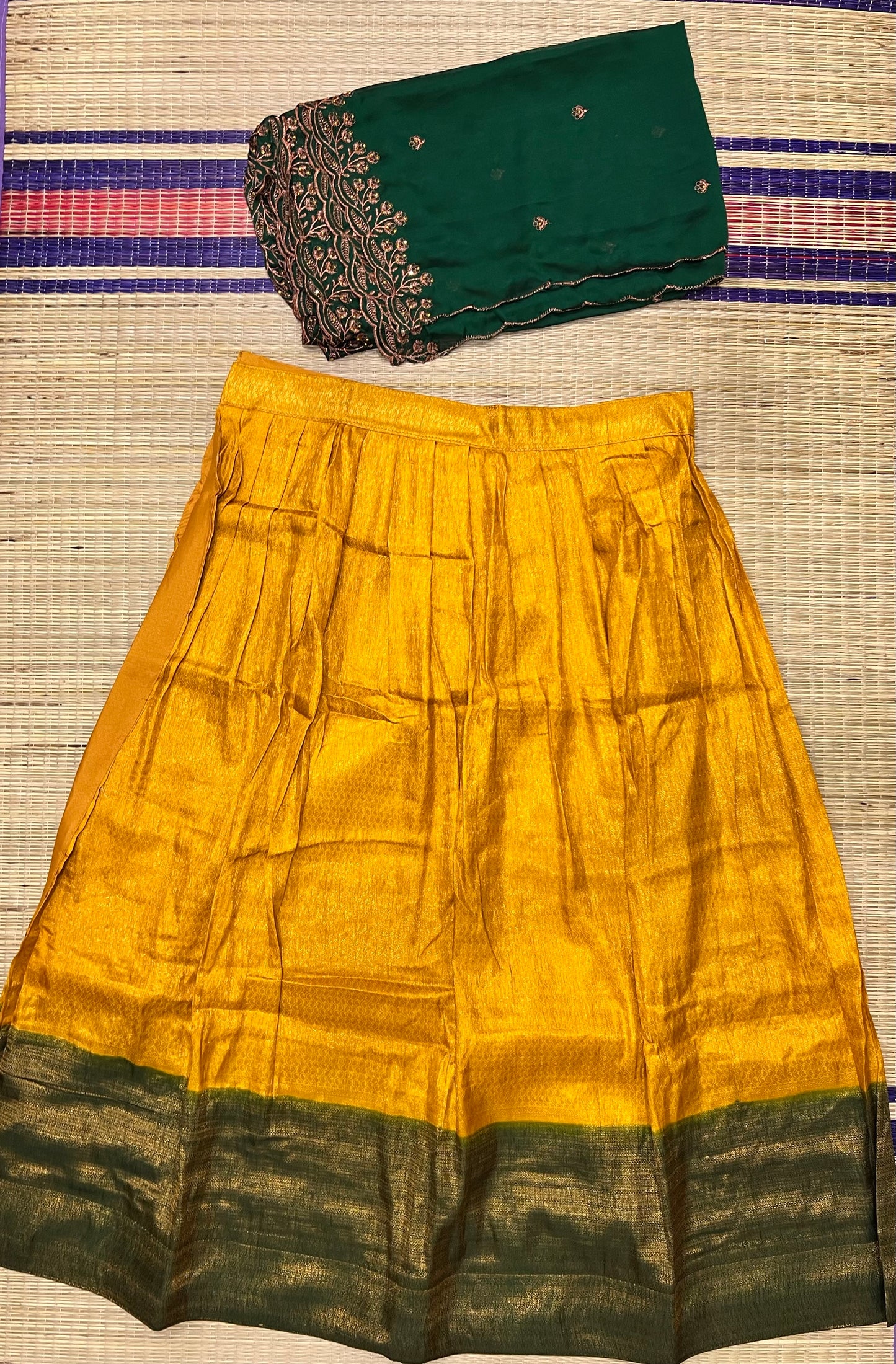 Semi Stitched Premium Semi Silk Yellow Dhavani Set with Green Designer Neriyathu and Blouse Piece