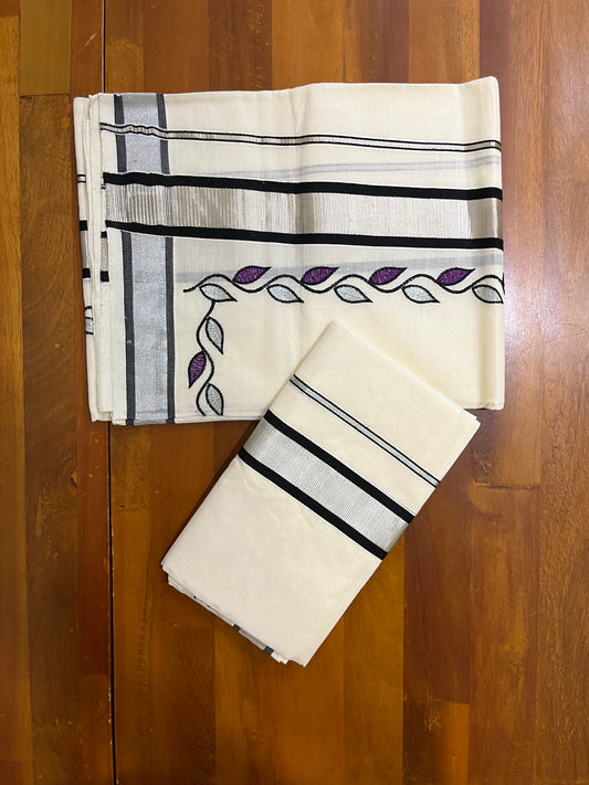 Southloom Silver Kasavu and Black Kara Set Mundu with Purple and Silver Floral Embroidery