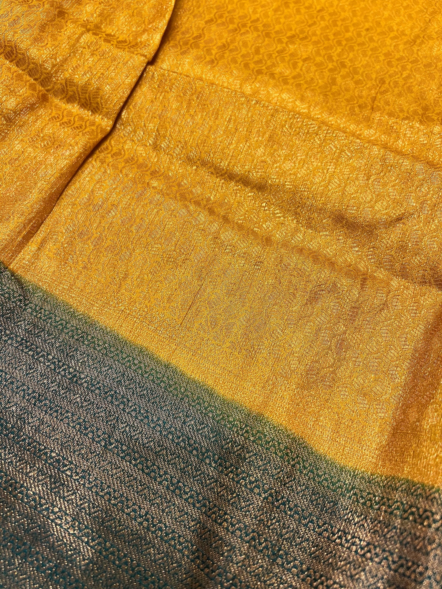 Semi Stitched Premium Semi Silk Yellow Dhavani Set with Green Designer Neriyathu and Blouse Piece