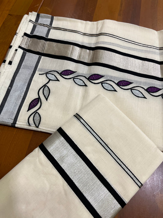 Southloom Silver Kasavu and Black Kara Set Mundu with Purple and Silver Floral Embroidery