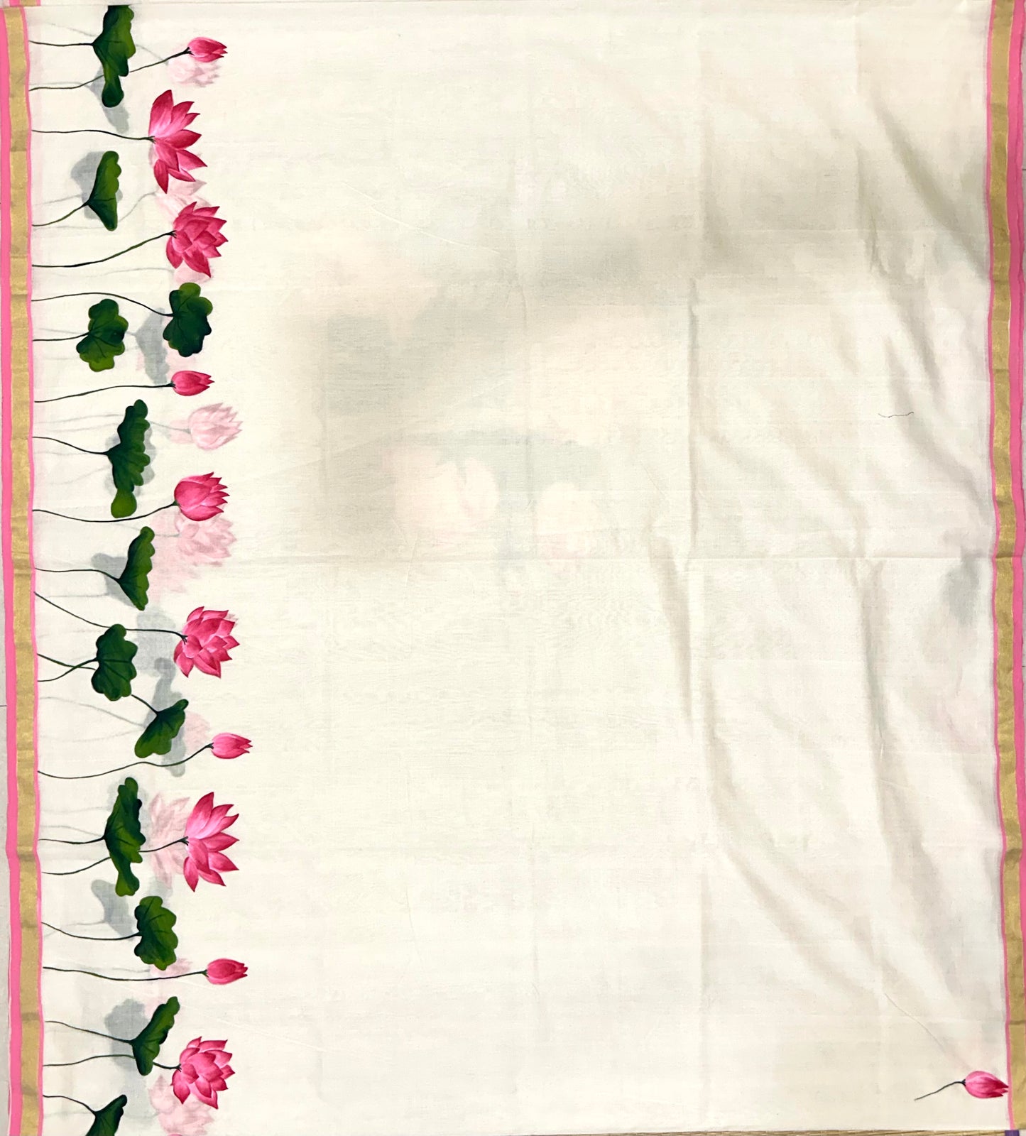 Southloom™ Premium Handloom Kerala Kasavu Saree With Hand Painted Pink Lotus Design (Vishu 2024 Collection)