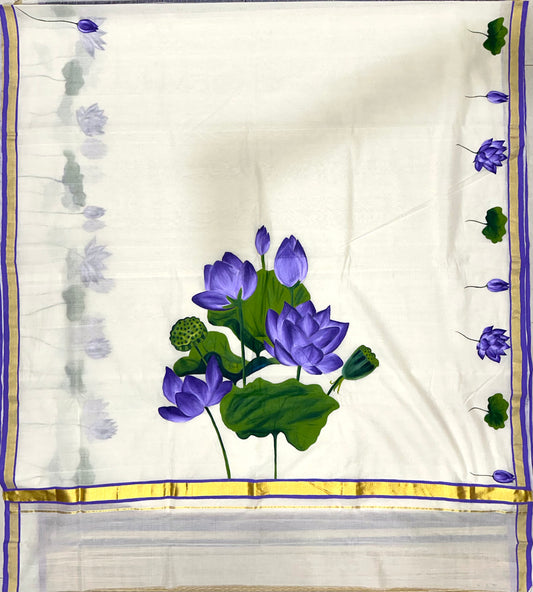 Southloom™ Premium Handloom Kerala Kasavu Saree With Hand Painted Violet Lotus Design