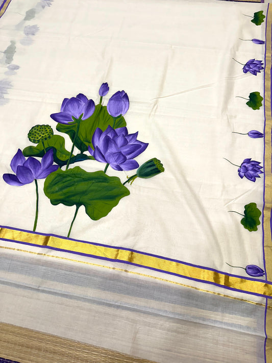 Southloom™ Premium Handloom Kerala Kasavu Saree With Hand Painted Violet Lotus Design