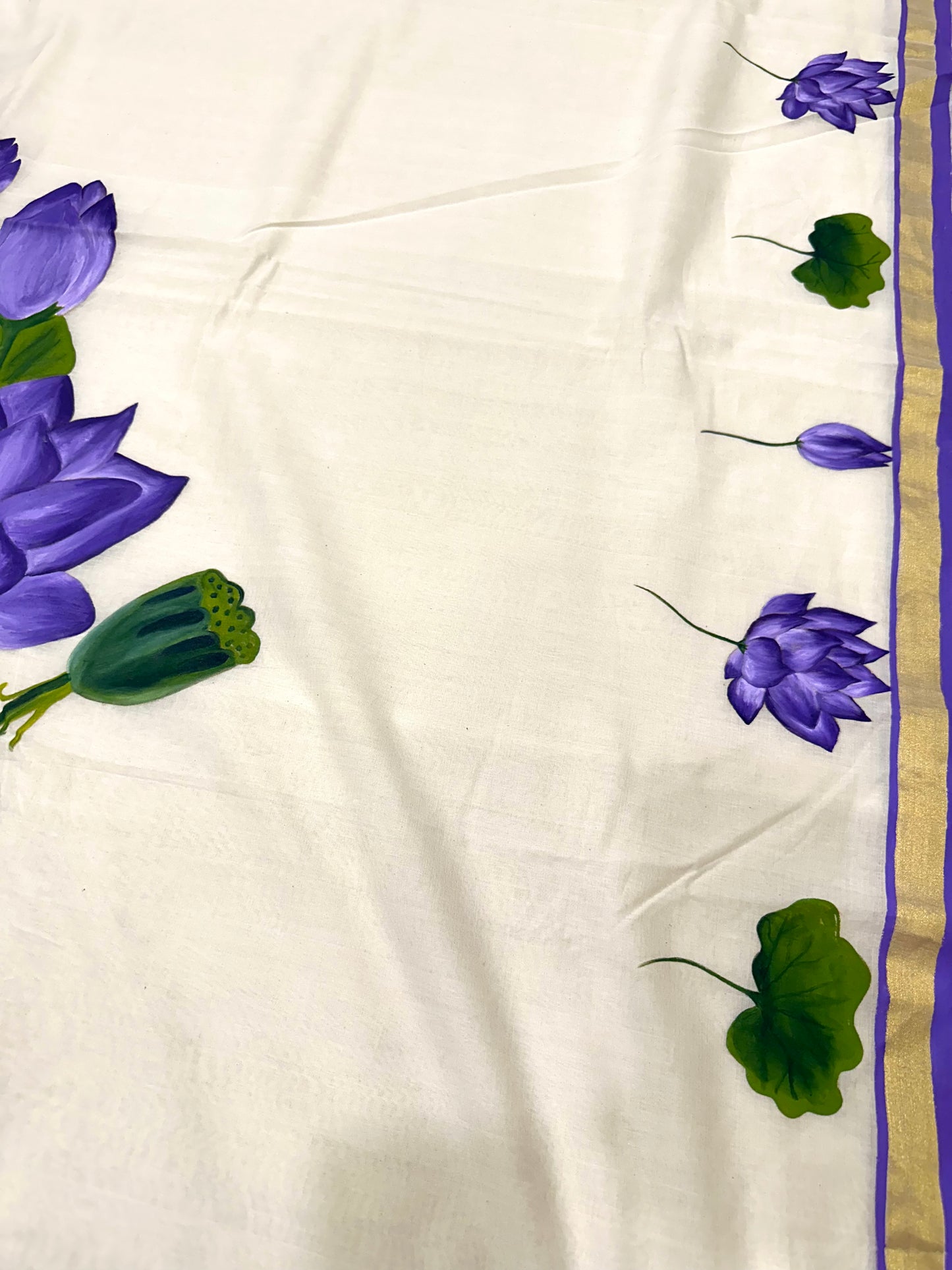 Southloom™ Premium Handloom Kerala Kasavu Saree With Hand Painted Violet Lotus Design