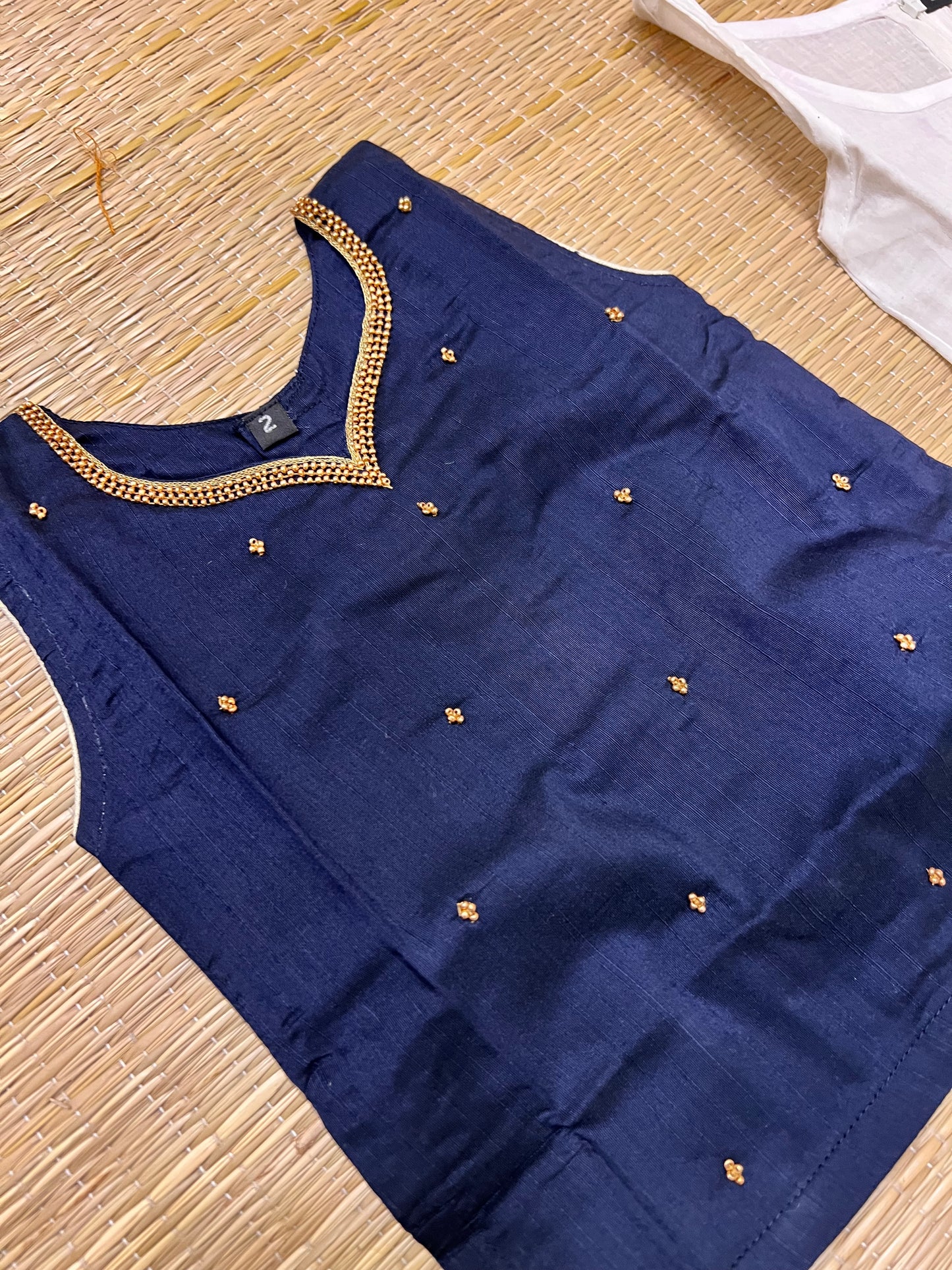 Southloom Kerala Pavada Blouse with Dark Blue Bead Work Design