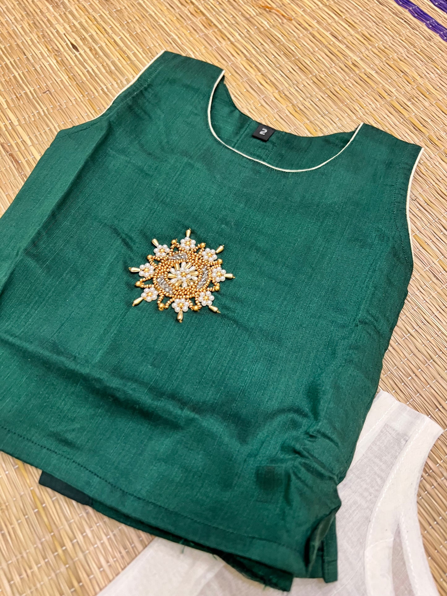 Southloom Kerala Pavada Blouse with Green Bead Work Design