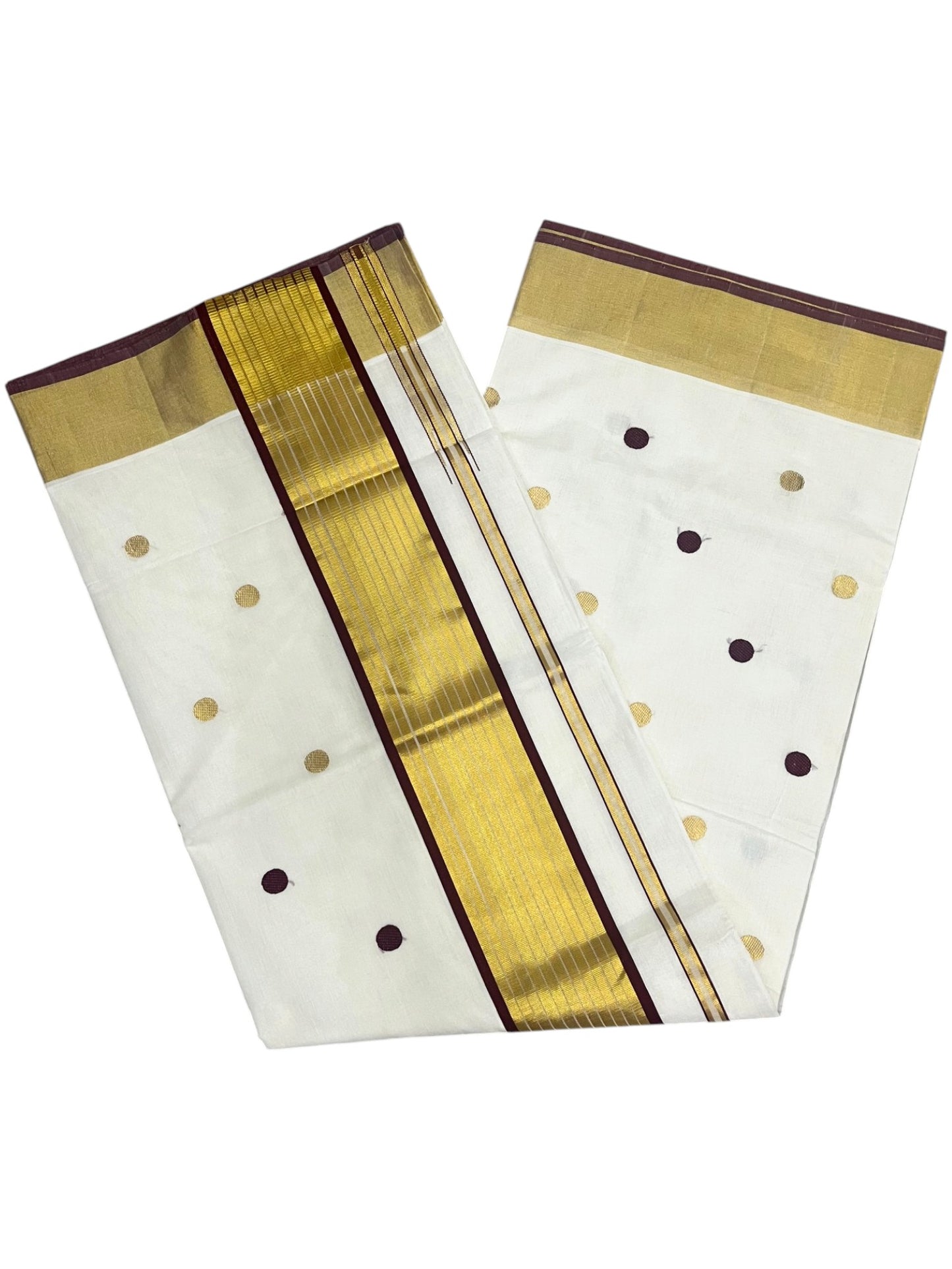 Southloom Super Premium Balaramapuram Handloom Cotton Gold And Maroon Polka Dots On Body SL628