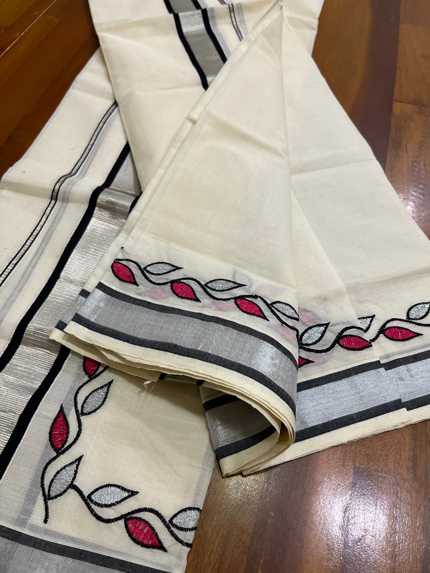 Southloom Silver Kasavu and Black Kara Set Mundu with Pink and Silver Floral Embroidery