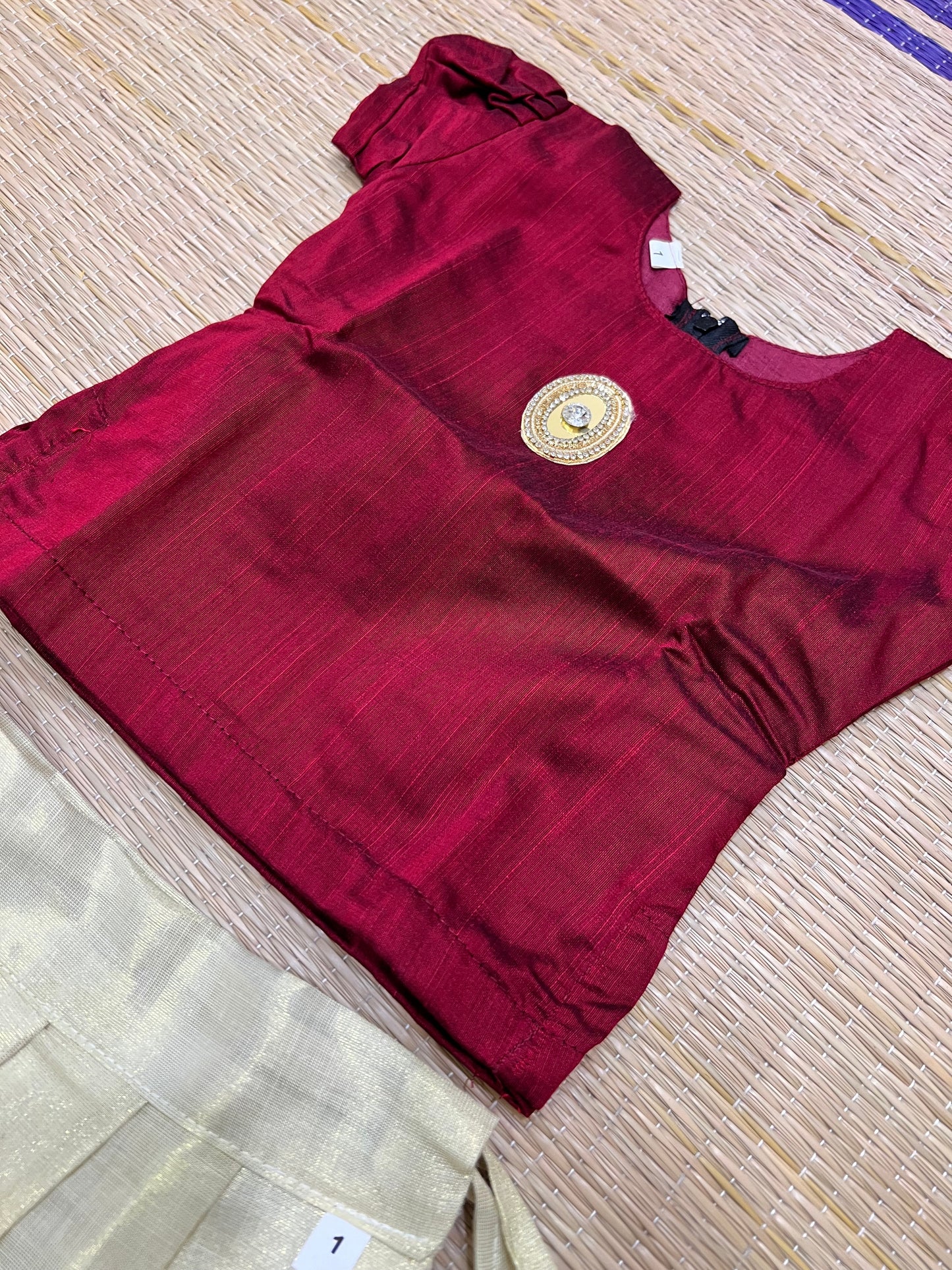 Southloom Kerala Pavada and Red Blouse with Bead Work Design