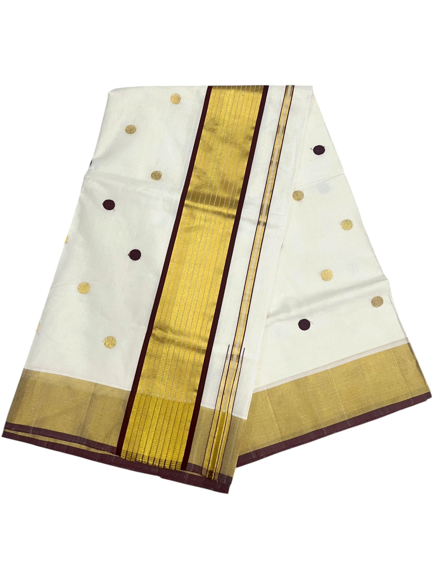 Southloom Super Premium Balaramapuram Handloom Cotton Gold And Maroon Polka Dots On Body SL628