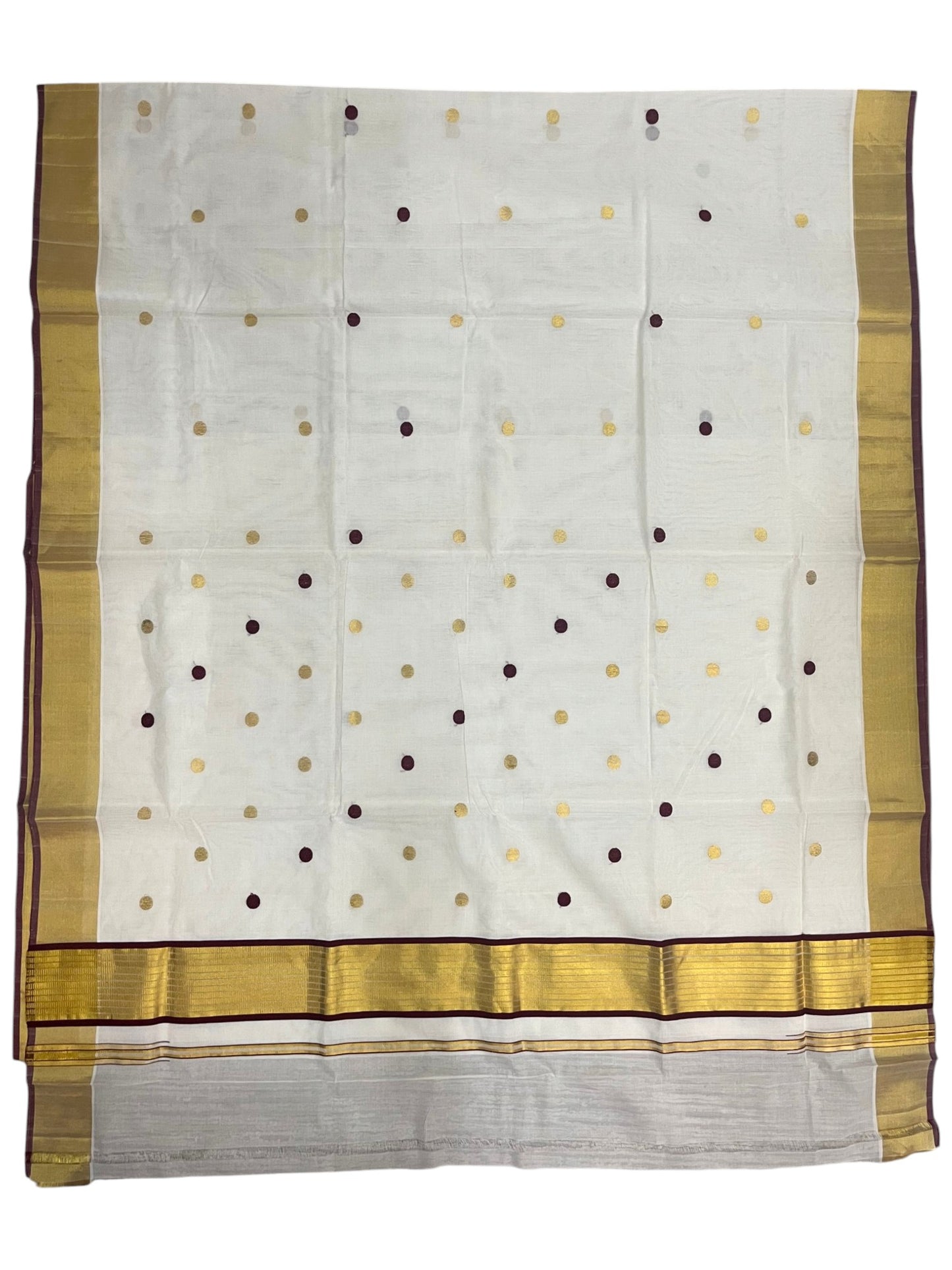 Southloom Super Premium Balaramapuram Handloom Cotton Gold And Maroon Polka Dots On Body SL628