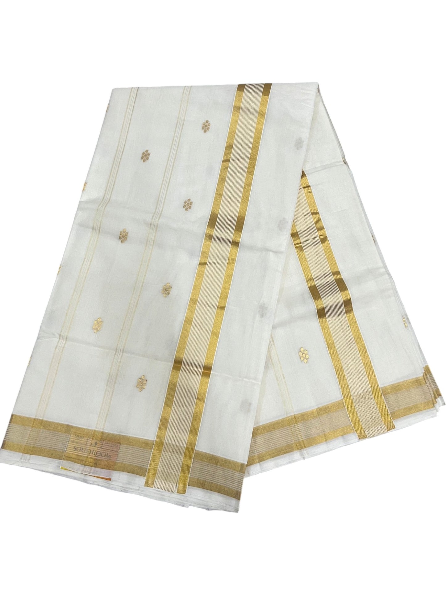 Southloom Super Premium Balaramapuram Handloom Cotton Saree with Gold Butta Design On Body  Gold Kasavu Border SL628