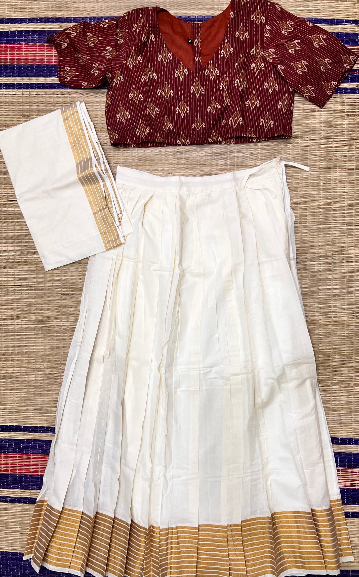 Pure Cotton Maroon Crop Top Dhavani Set with Off White Pavada and Neriyathu with Kasavu Border