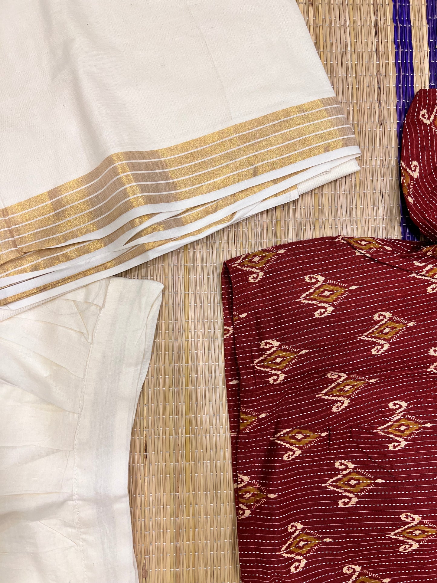 Pure Cotton Maroon Crop Top Dhavani Set with Off White Pavada and Neriyathu with Kasavu Border