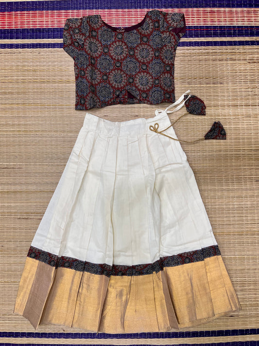 Pure Cotton Maroon Ajrakh Crop Top and Off White Pavada with Kasavu and Printed Border