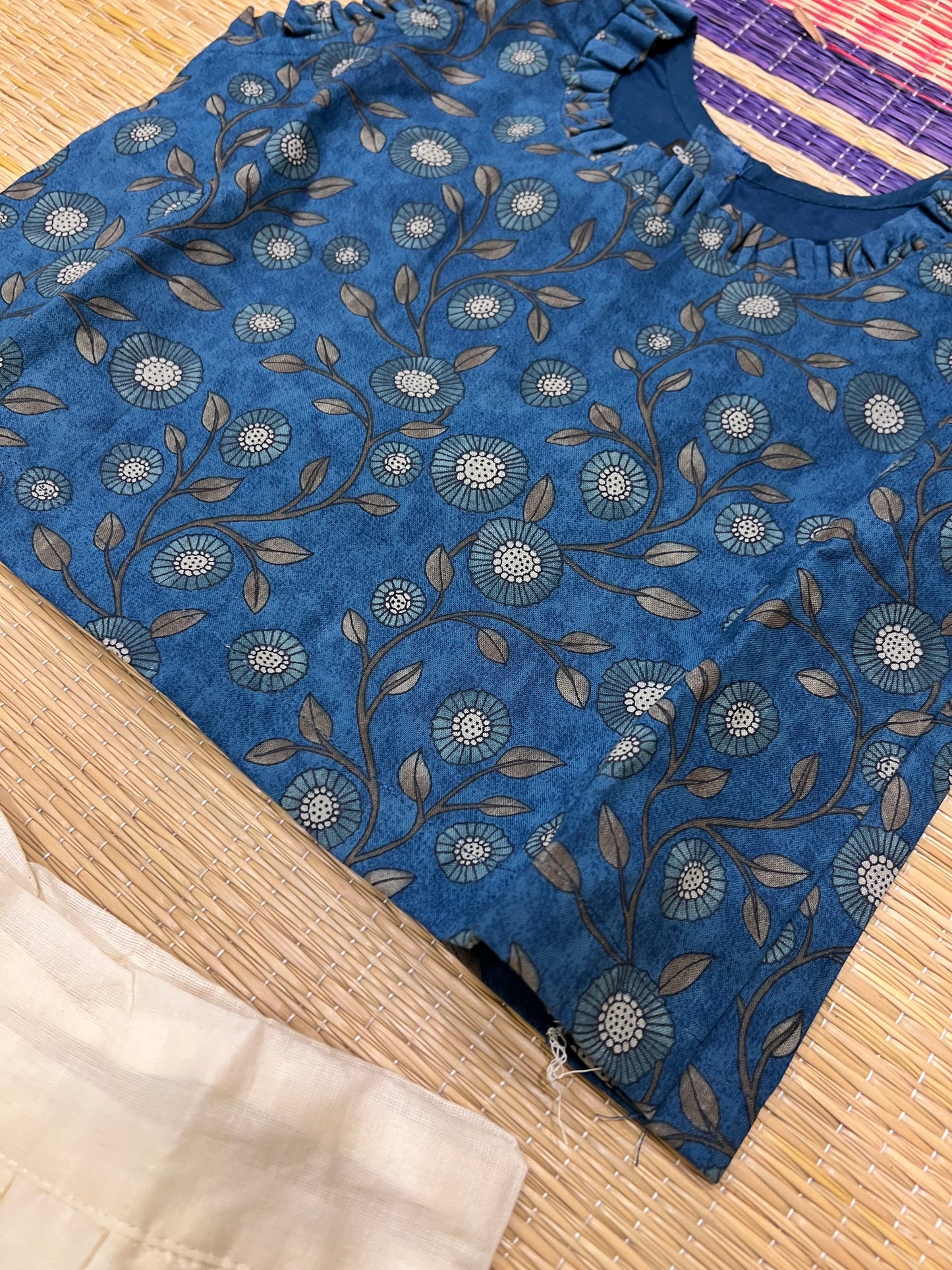 Pure Cotton Blue Floral Crop Top and Off White Pavada with Kasavu and Printed Border