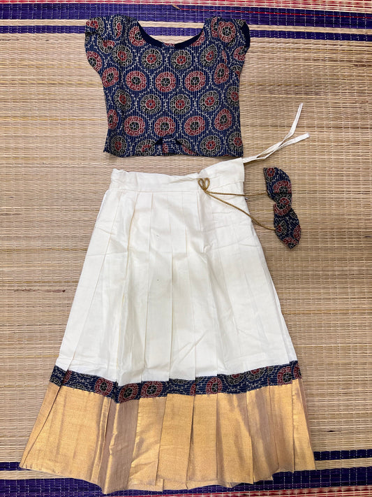 Pure Cotton Blue Ajrakh Crop Top and Off White Pavada with Kasavu and Printed Border