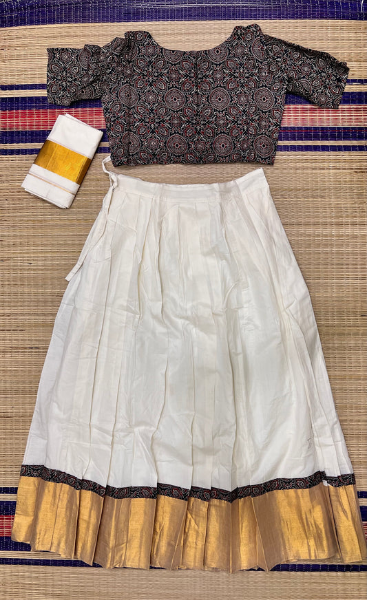 Pure Cotton Blue Ajrakh Crop Top Dhavani Set with Off White Pavada and Neriyathu with Kasavu Border