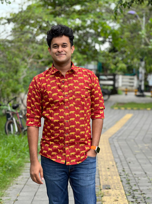 Southloom Jaipur Cotton Red Shirt with Panther Hand Block Printed Design (Full Sleeves)