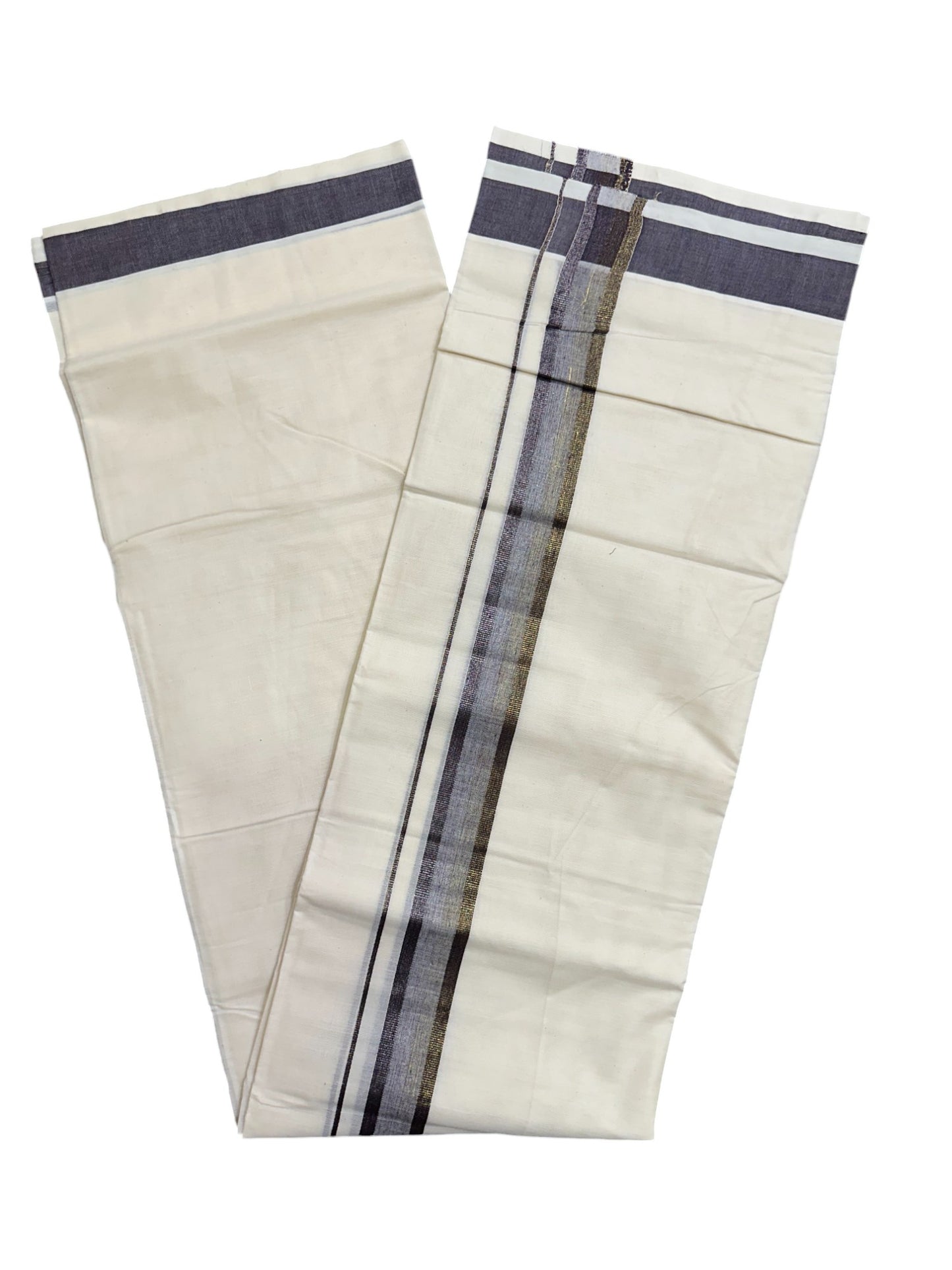 Off White Pure Cotton Double Mundu with Violet Kara (South Indian Kerala Dhoti)