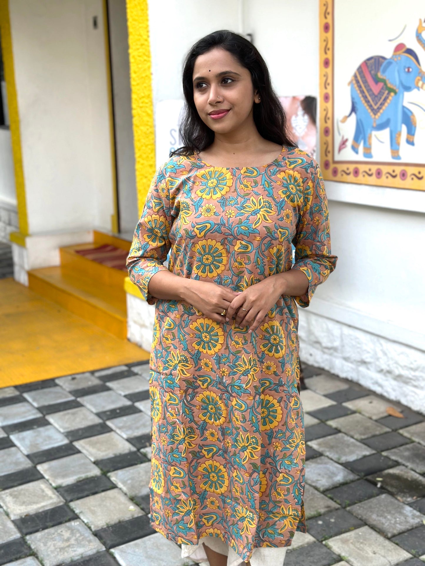 Southloom Jaipur Cotton Yellow Blue Floral Hand Block Printed Kurti